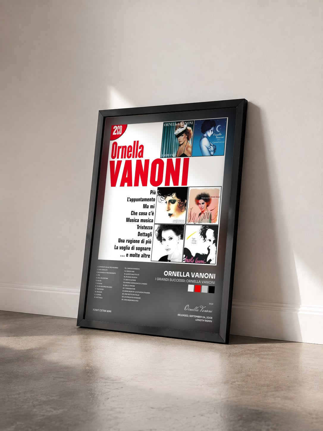 #noir Tableau de l'album I Grandi Successi: Ornella Vanoni de Ornella Vanoni vu de trois quarts, cadre noir