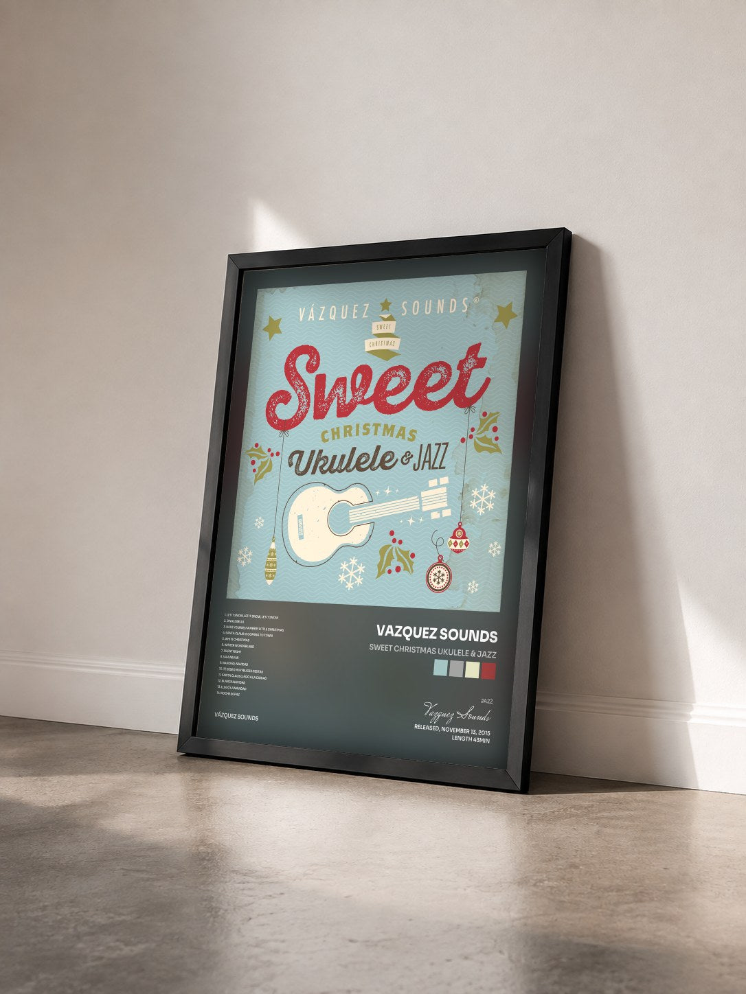 #noir Tableau de l'album Sweet Christmas Ukulele & Jazz de Vazquez Sounds vu de trois quarts, cadre noir