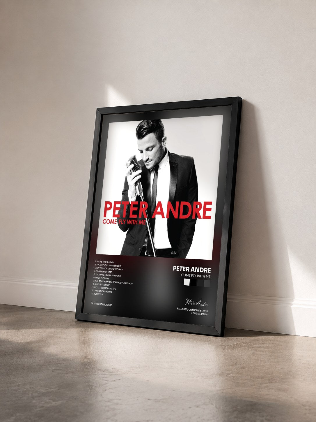 #noir Tableau de l'album Come Fly With Me de Peter Andre vu de trois quarts, cadre noir