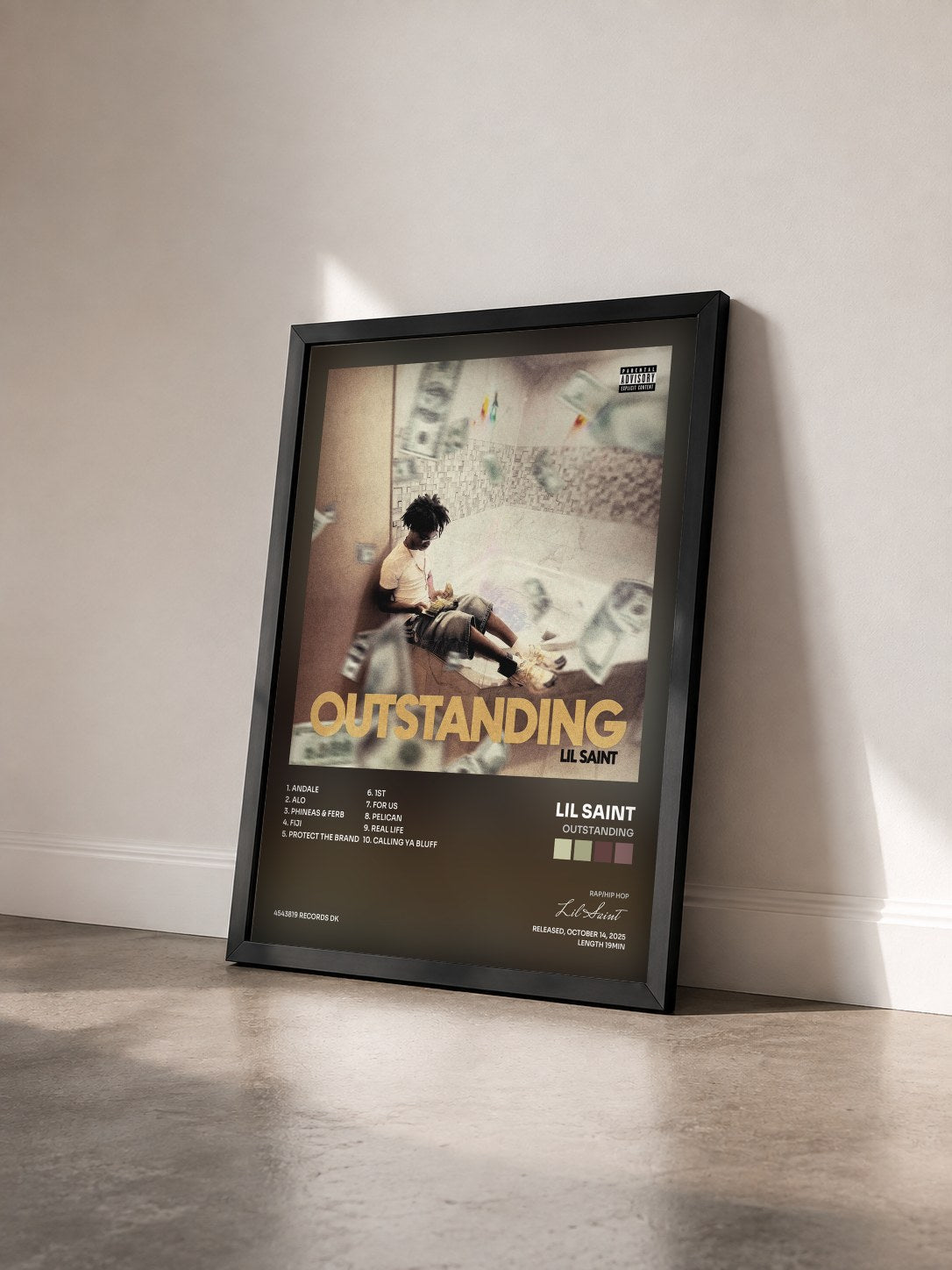 #noir Tableau de l'album OUTSTANDING de Lil Saint vu de trois quarts, cadre noir