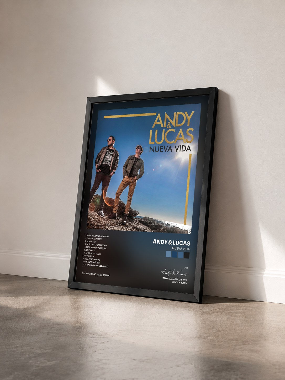 #noir Tableau de l'album Nueva Vida de Andy & Lucas vu de trois quarts, cadre noir