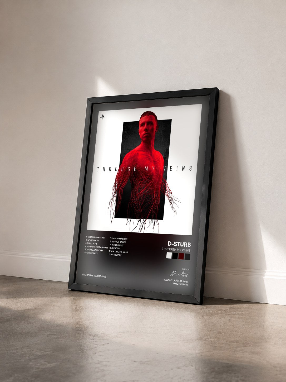#noir Tableau de l'album Through My Veins de D-Sturb vu de trois quarts, cadre noir