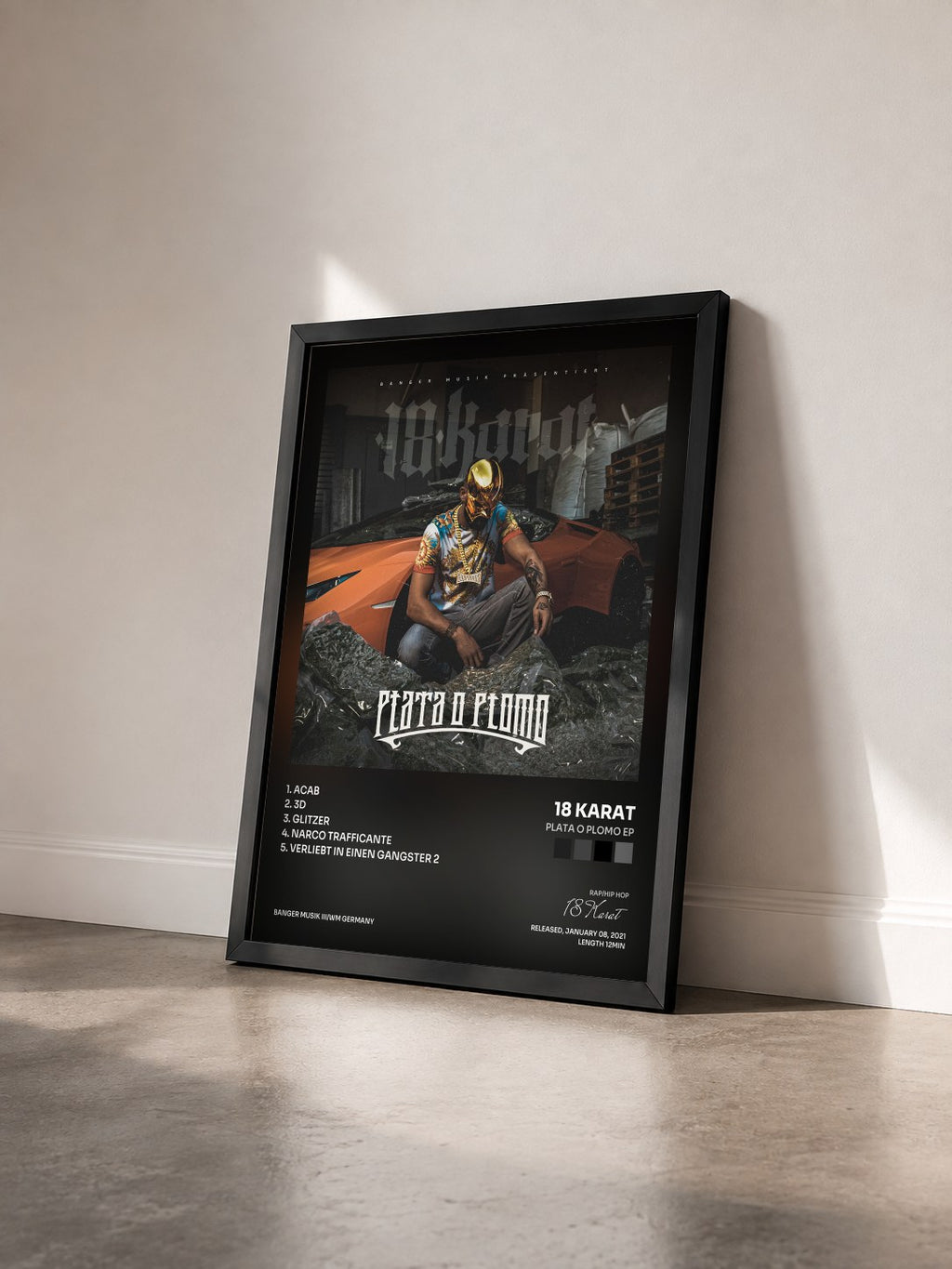 #noir Tableau de l'album PLATA O PLOMO EP de 18 Karat vu de trois quarts, cadre noir