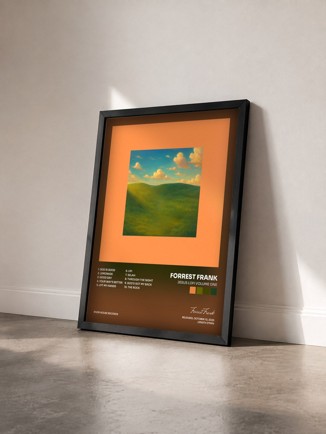 #noir Tableau de l'album JESUS LOFI VOLUME ONE de Forrest Frank vu de trois quarts, cadre noir