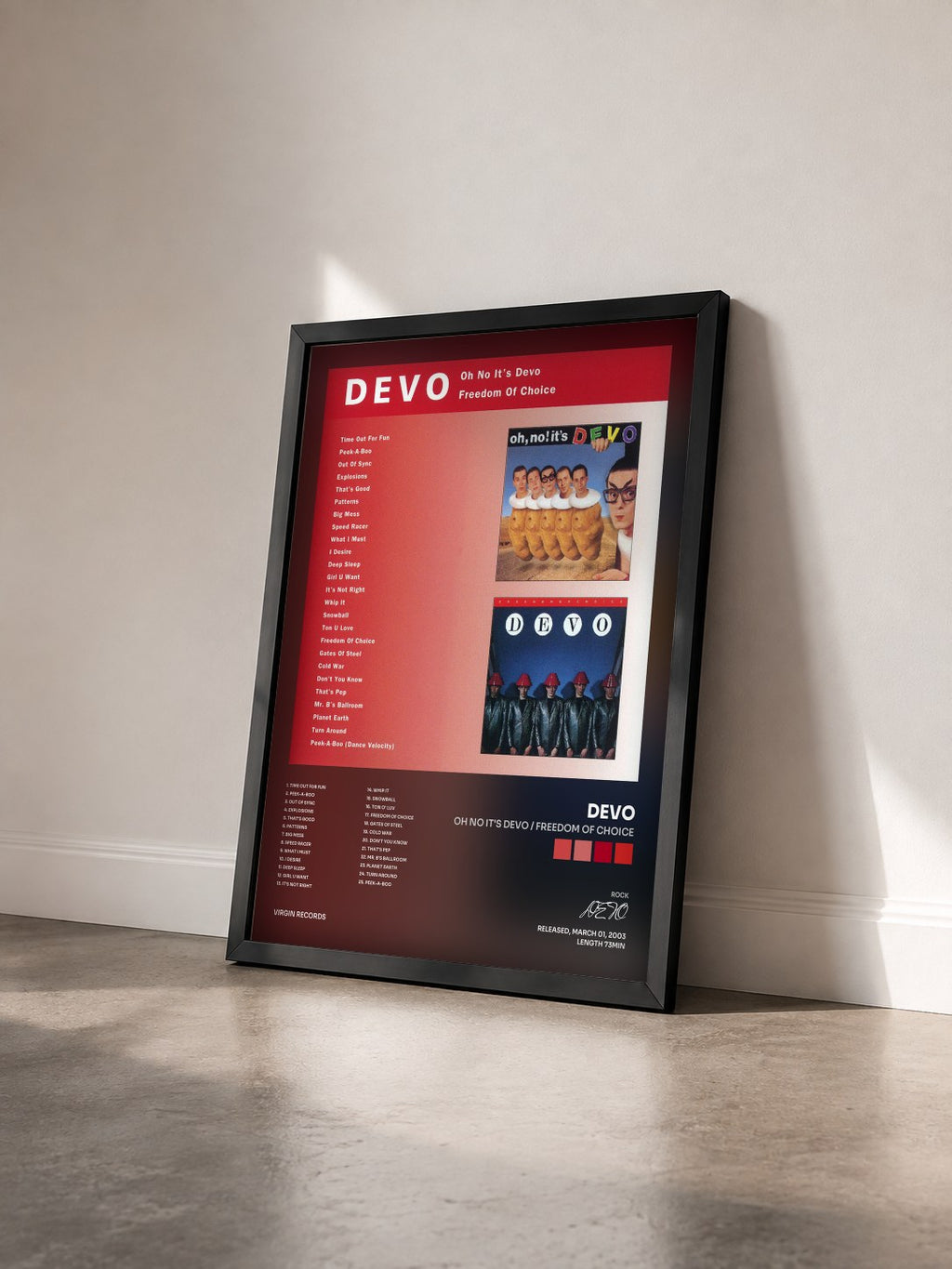 #noir Tableau de l'album Oh No It's Devo / Freedom Of Choice de DEVO vu de trois quarts, cadre noir