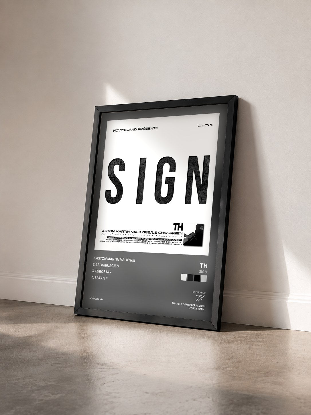 #noir Tableau de l'album SIGN de TH vu de trois quarts, cadre noir