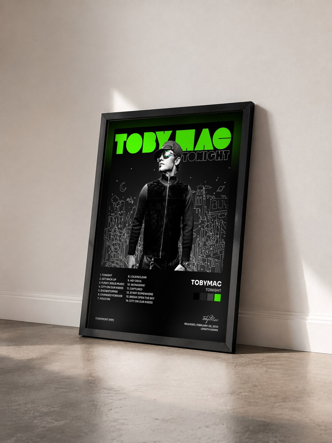 #noir Tableau de l'album Tonight de tobyMac vu de trois quarts, cadre noir