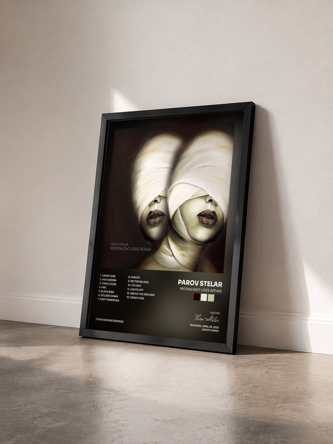#noir Tableau de l'album Moonlight Love Affair de Parov Stelar vu de trois quarts, cadre noir
