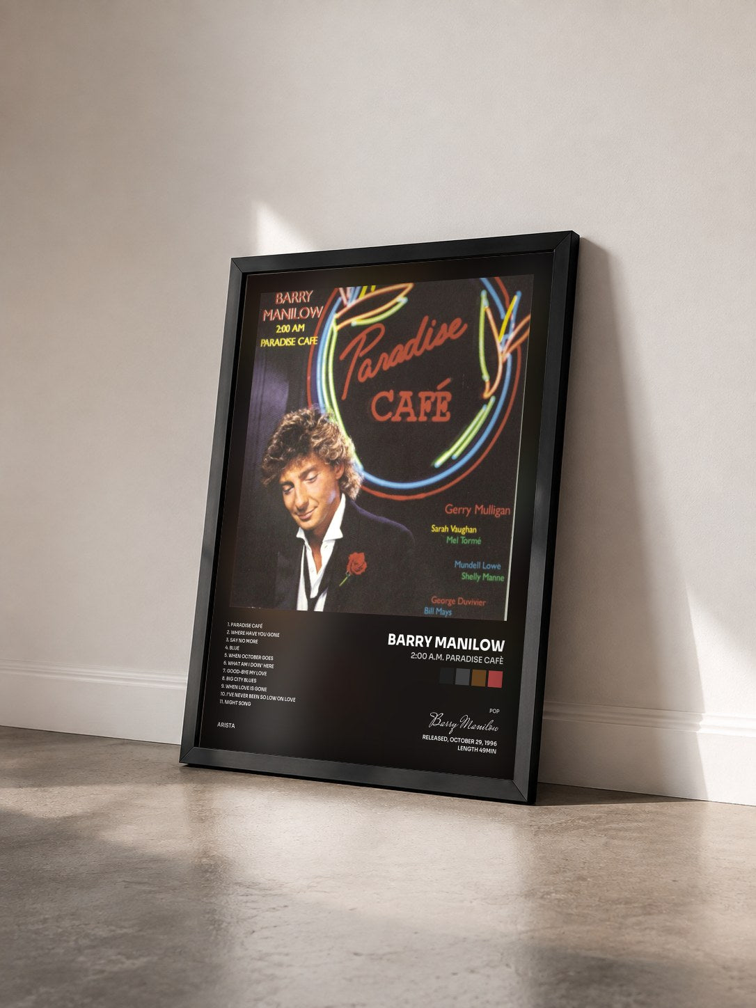 #noir Tableau de l'album 2:00 A.M. Paradise Cafè de Barry Manilow vu de trois quarts, cadre noir