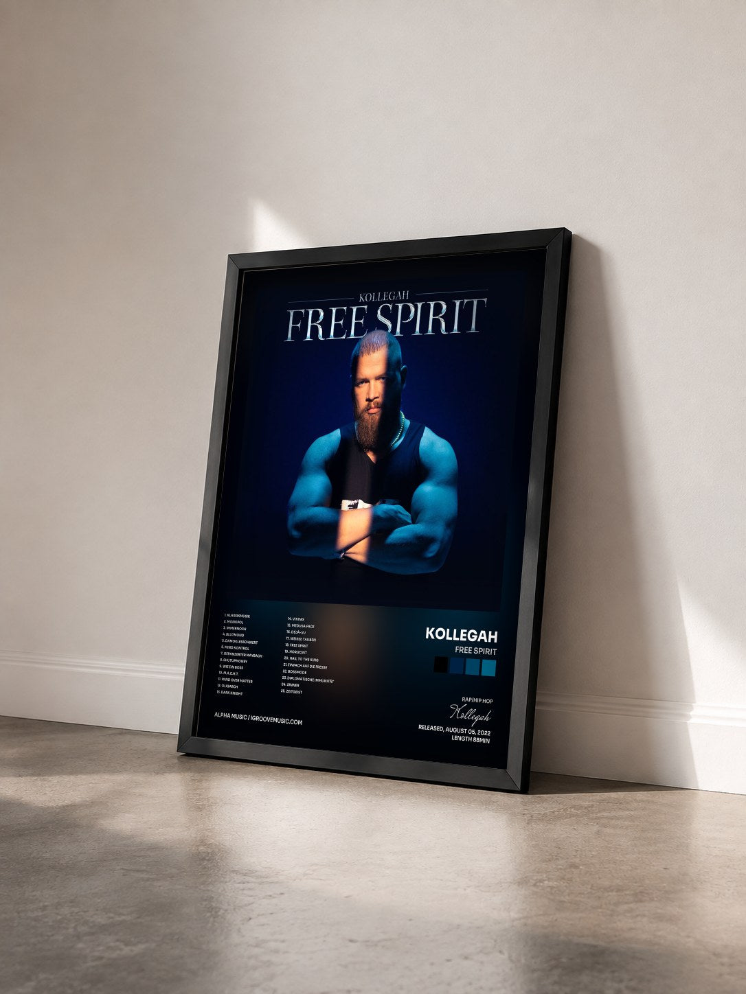 #noir Tableau de l'album FREE SPIRIT de Kollegah vu de trois quarts, cadre noir