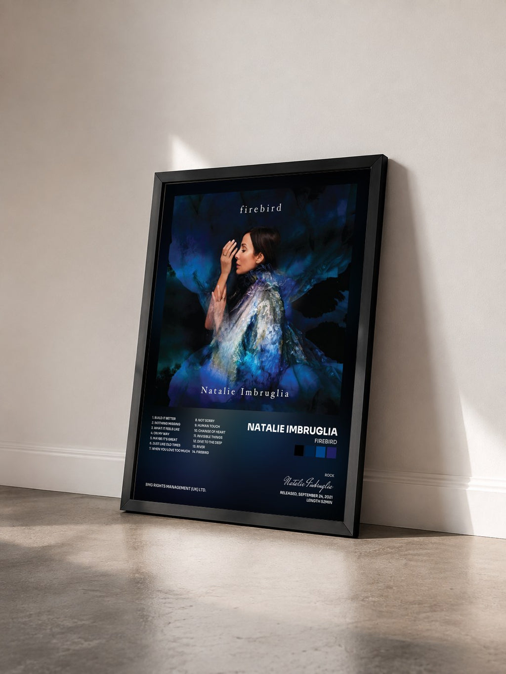 #noir Tableau de l'album Firebird de Natalie Imbruglia vu de trois quarts, cadre noir