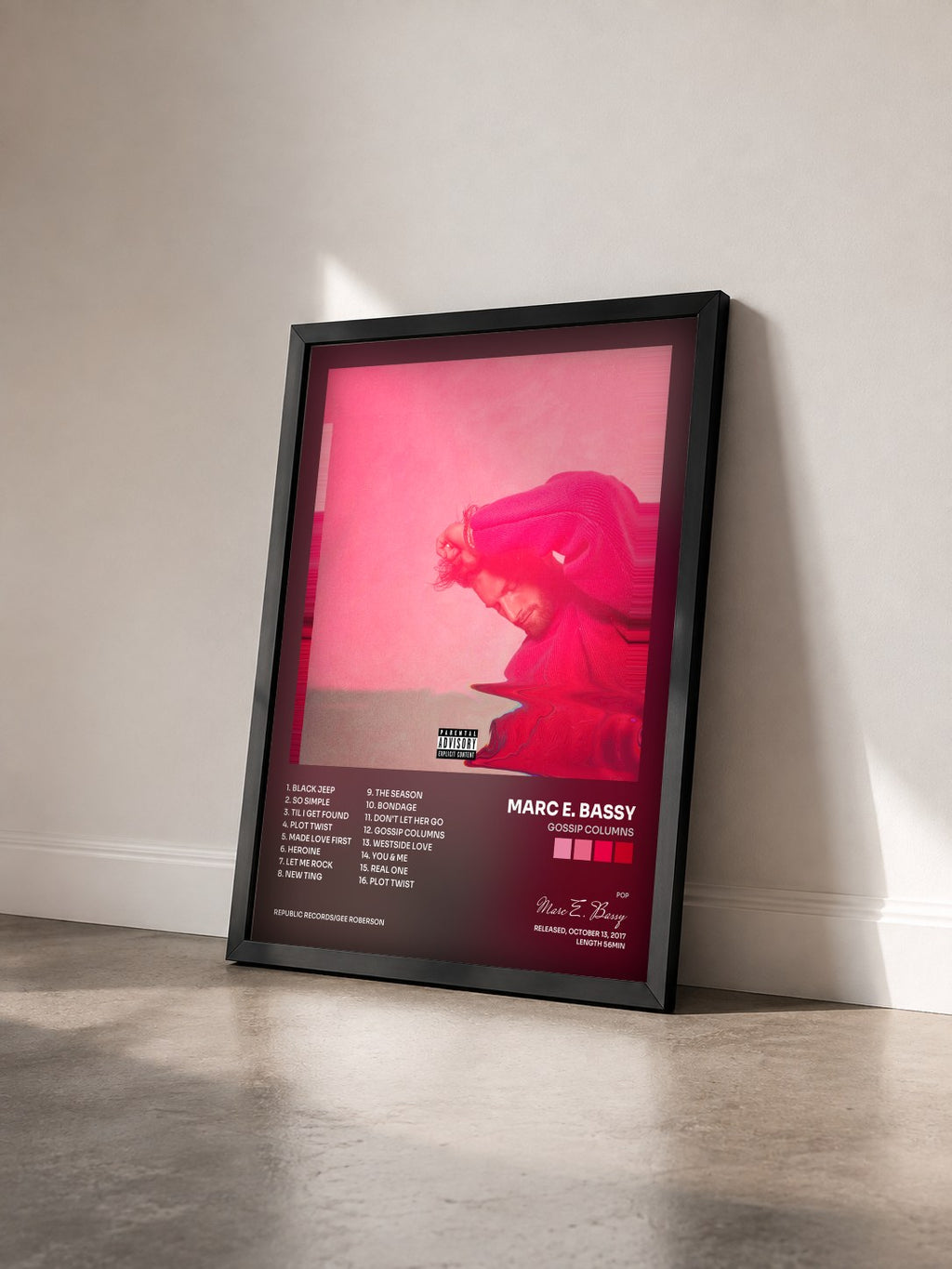 #noir Tableau de l'album Gossip Columns de Marc E. Bassy vu de trois quarts, cadre noir