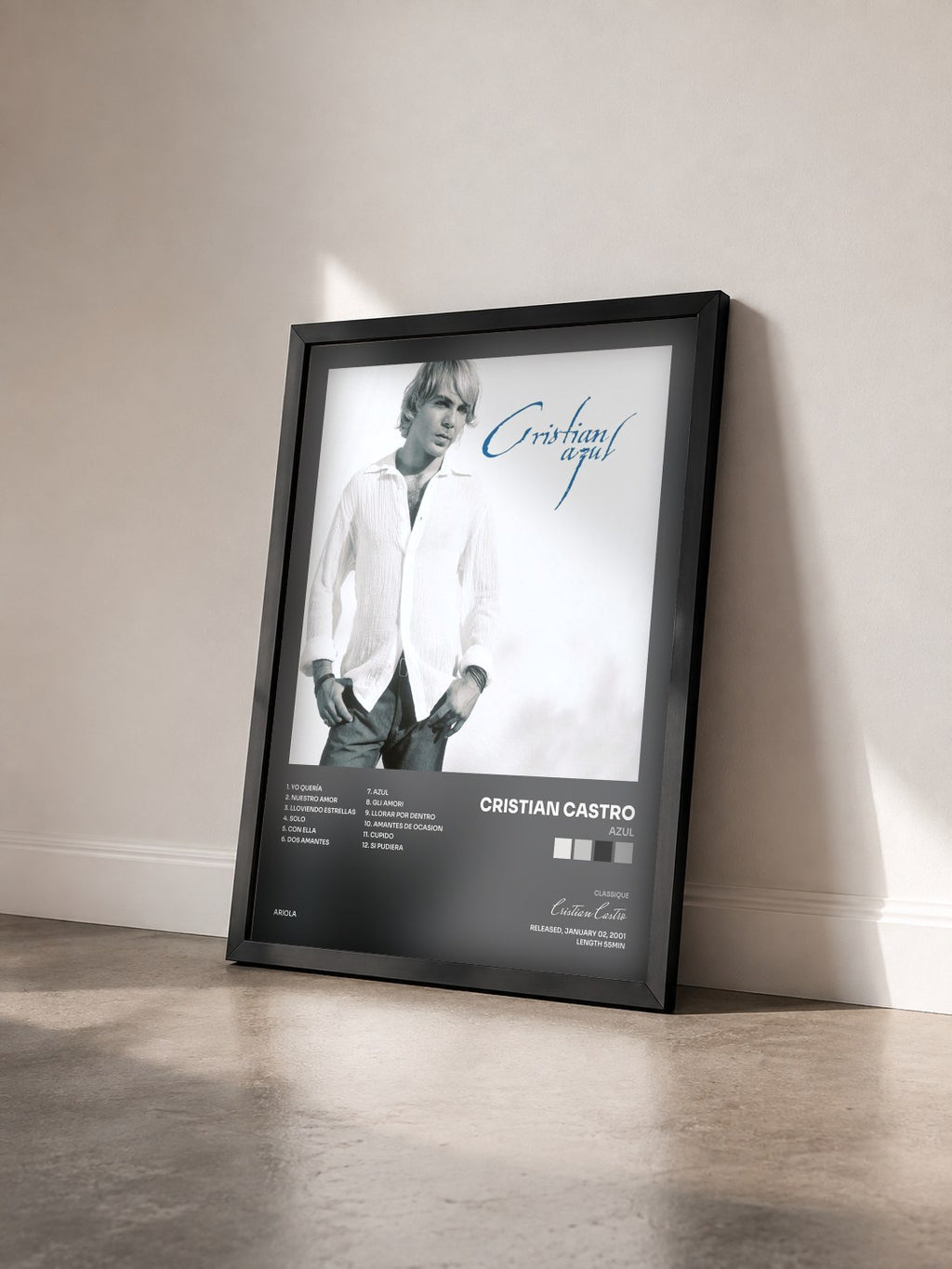 #noir Tableau de l'album Azul de Cristian Castro vu de trois quarts, cadre noir