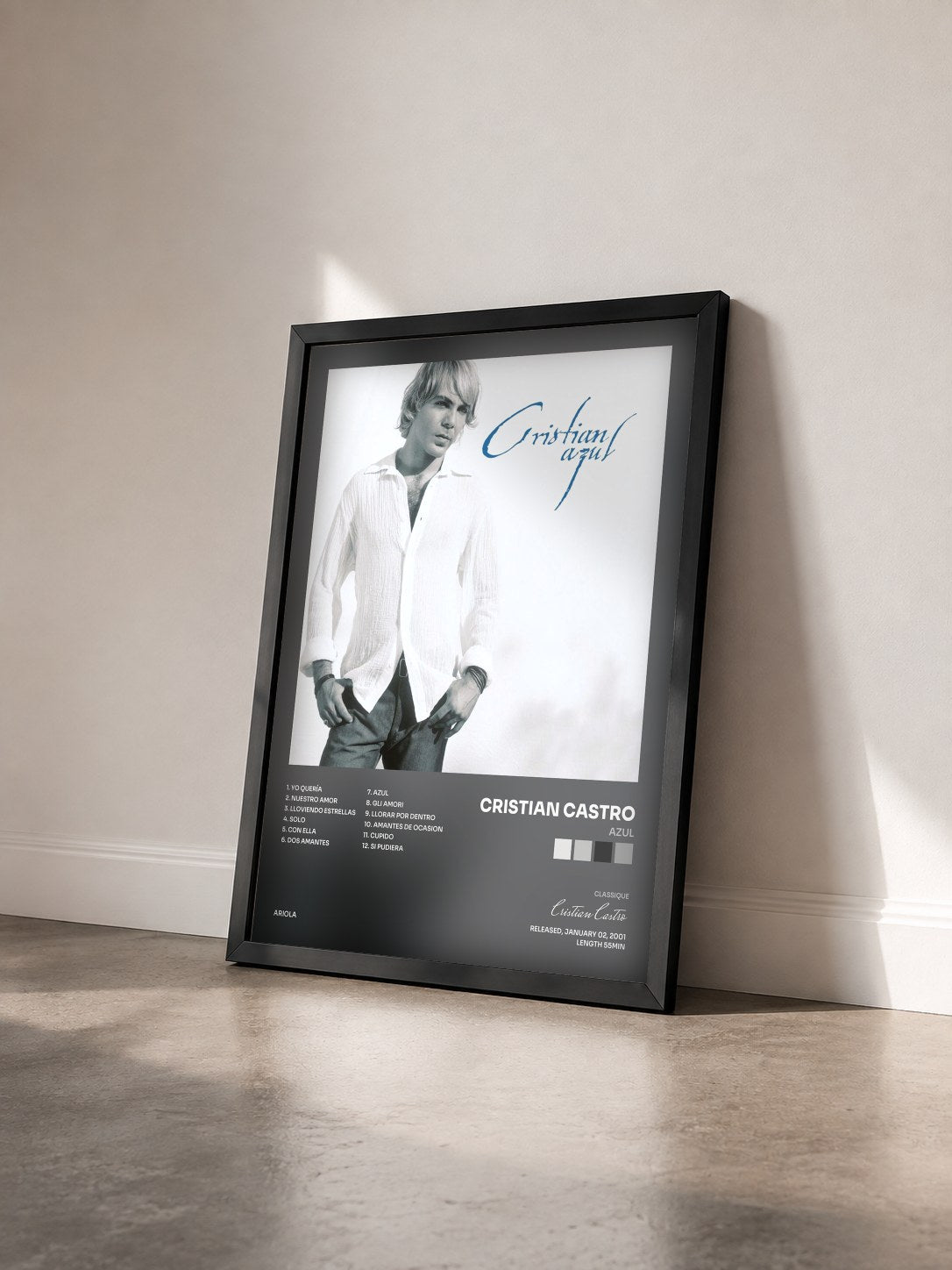 #noir Tableau de l'album Azul de Cristian Castro vu de trois quarts, cadre noir