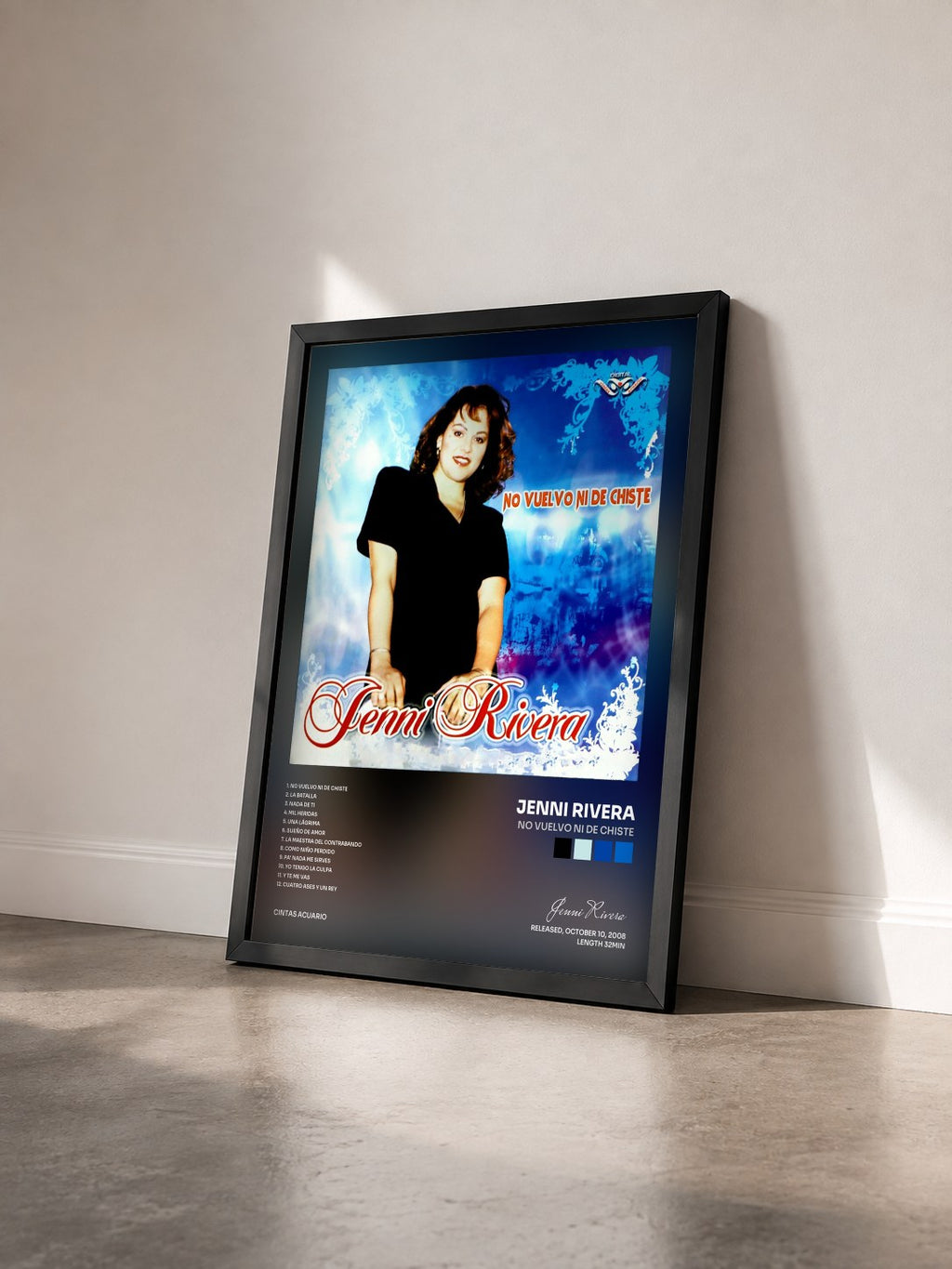 #noir Tableau de l'album No Vuelvo Ni de Chiste de Jenni Rivera vu de trois quarts, cadre noir