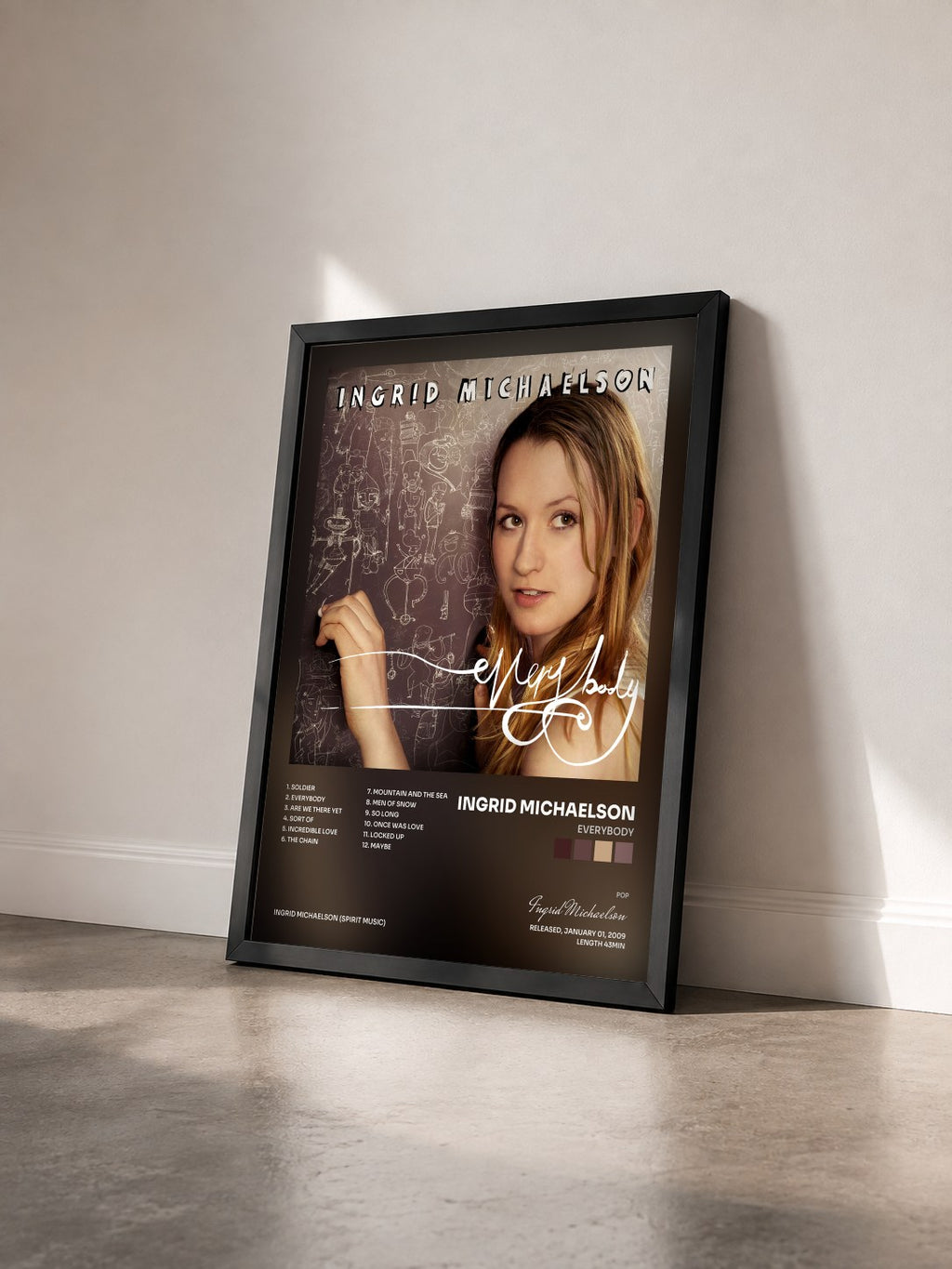 #noir Tableau de l'album Everybody de Ingrid Michaelson vu de trois quarts, cadre noir