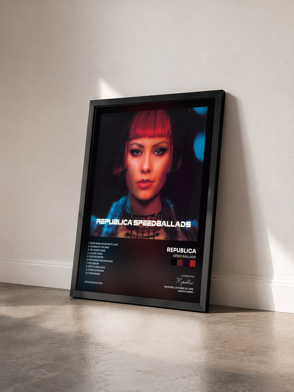 #noir Tableau de l'album Speed Ballads de Republica vu de trois quarts, cadre noir