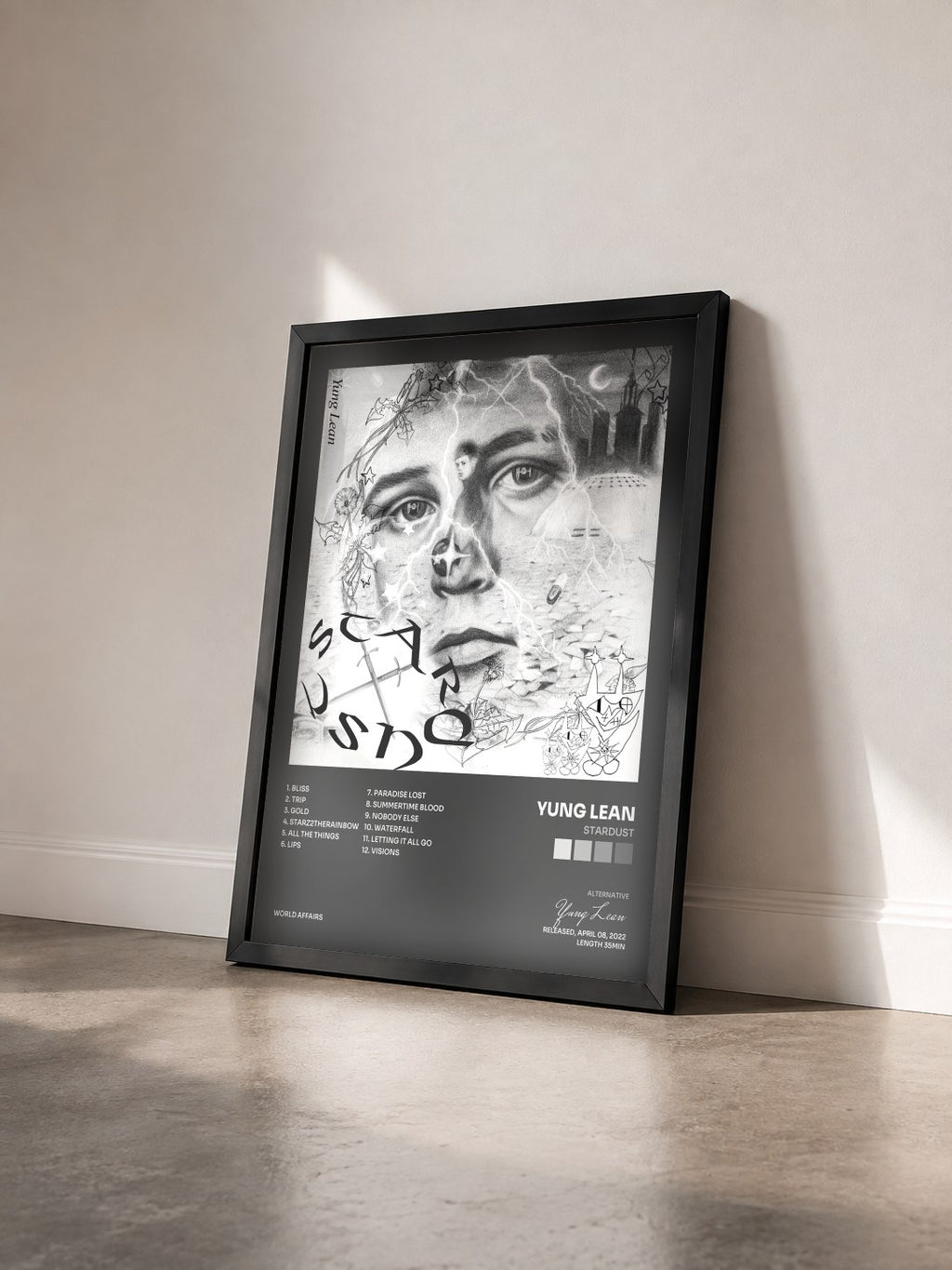 #noir Tableau de l'album Stardust de Yung Lean vu de trois quarts, cadre noir