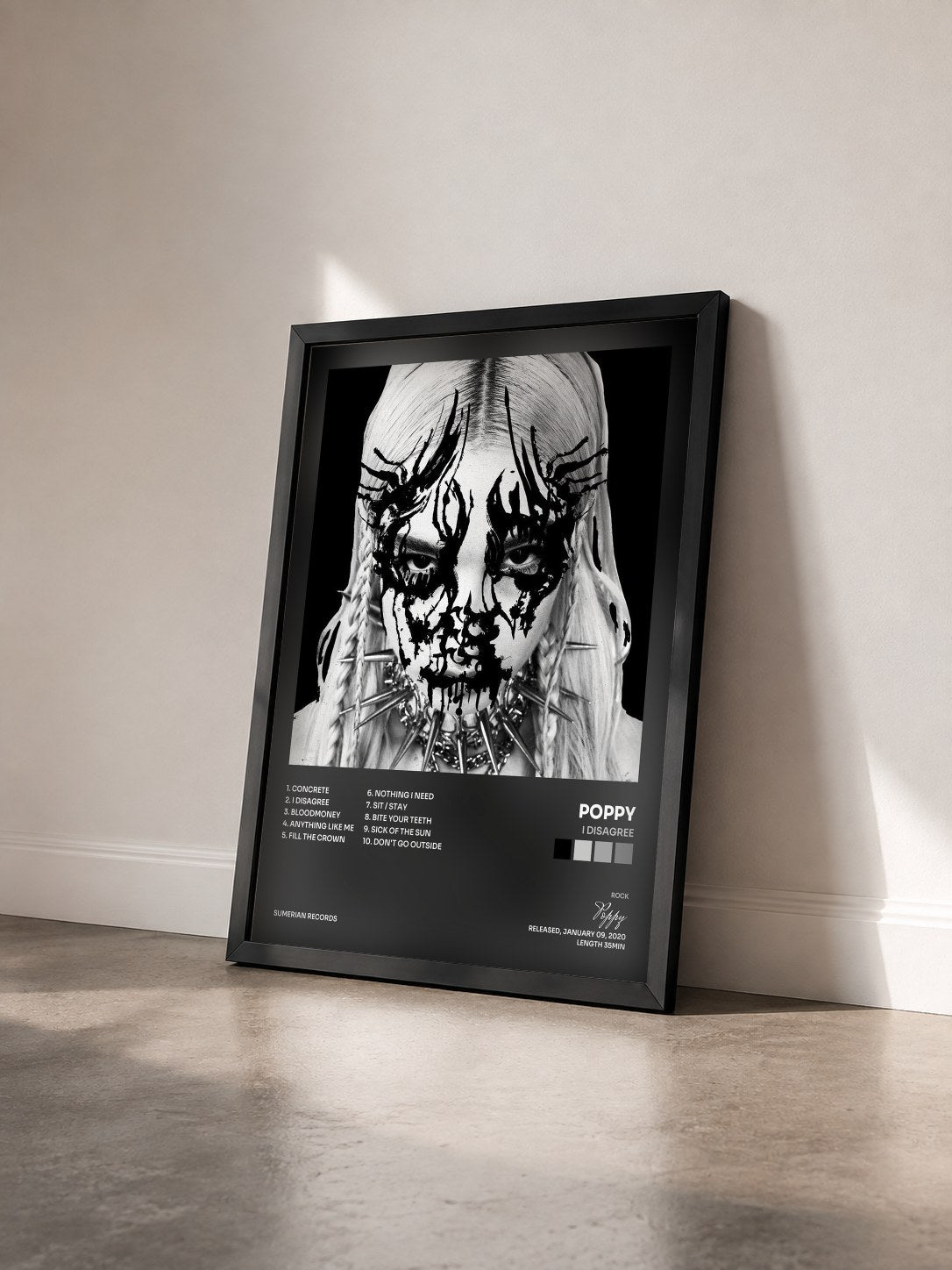 #noir Tableau de l'album I Disagree de Poppy vu de trois quarts, cadre noir
