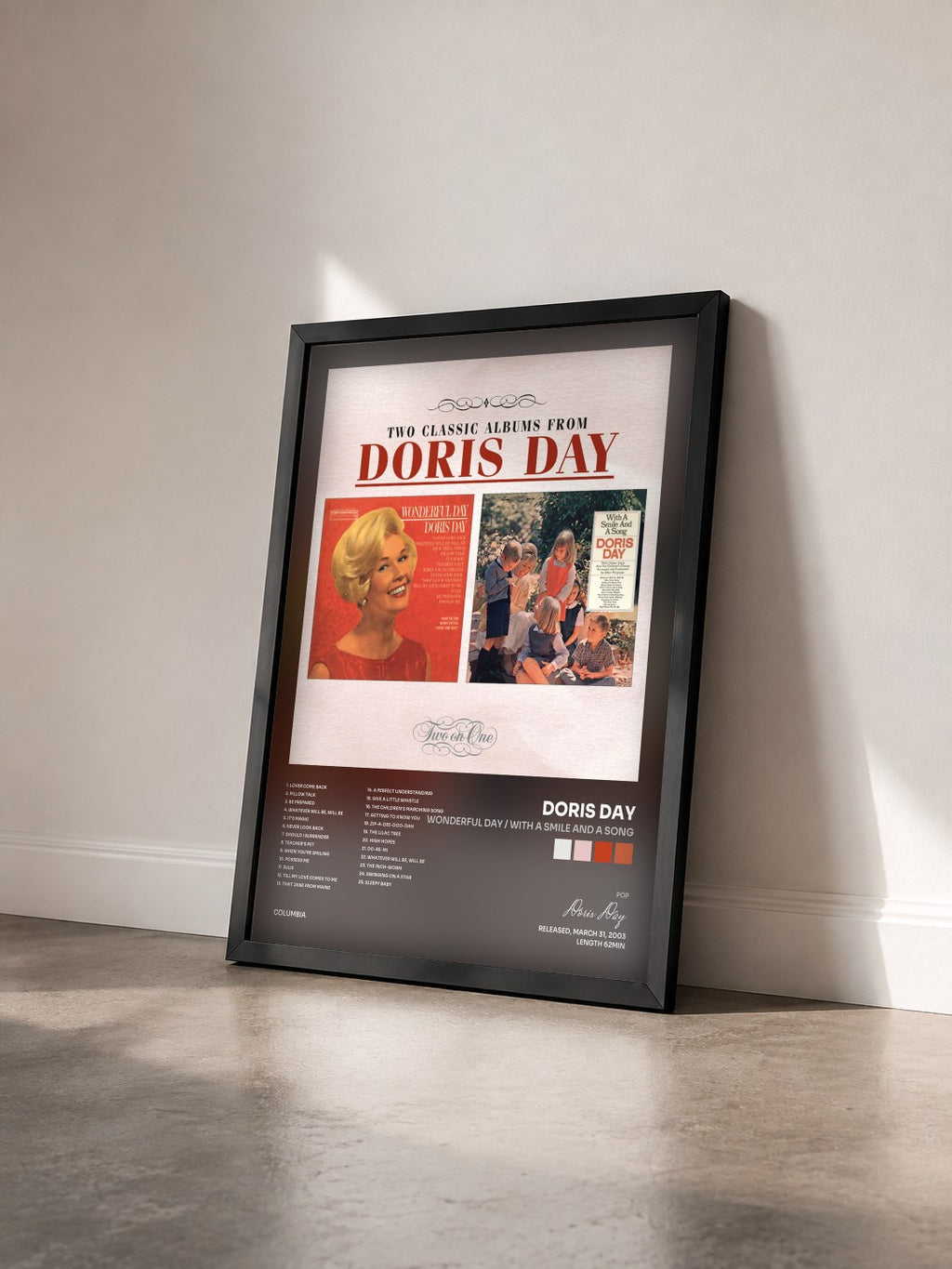 #noir Tableau de l'album Wonderful Day / With A Smile And A Song de Doris Day vu de trois quarts, cadre noir