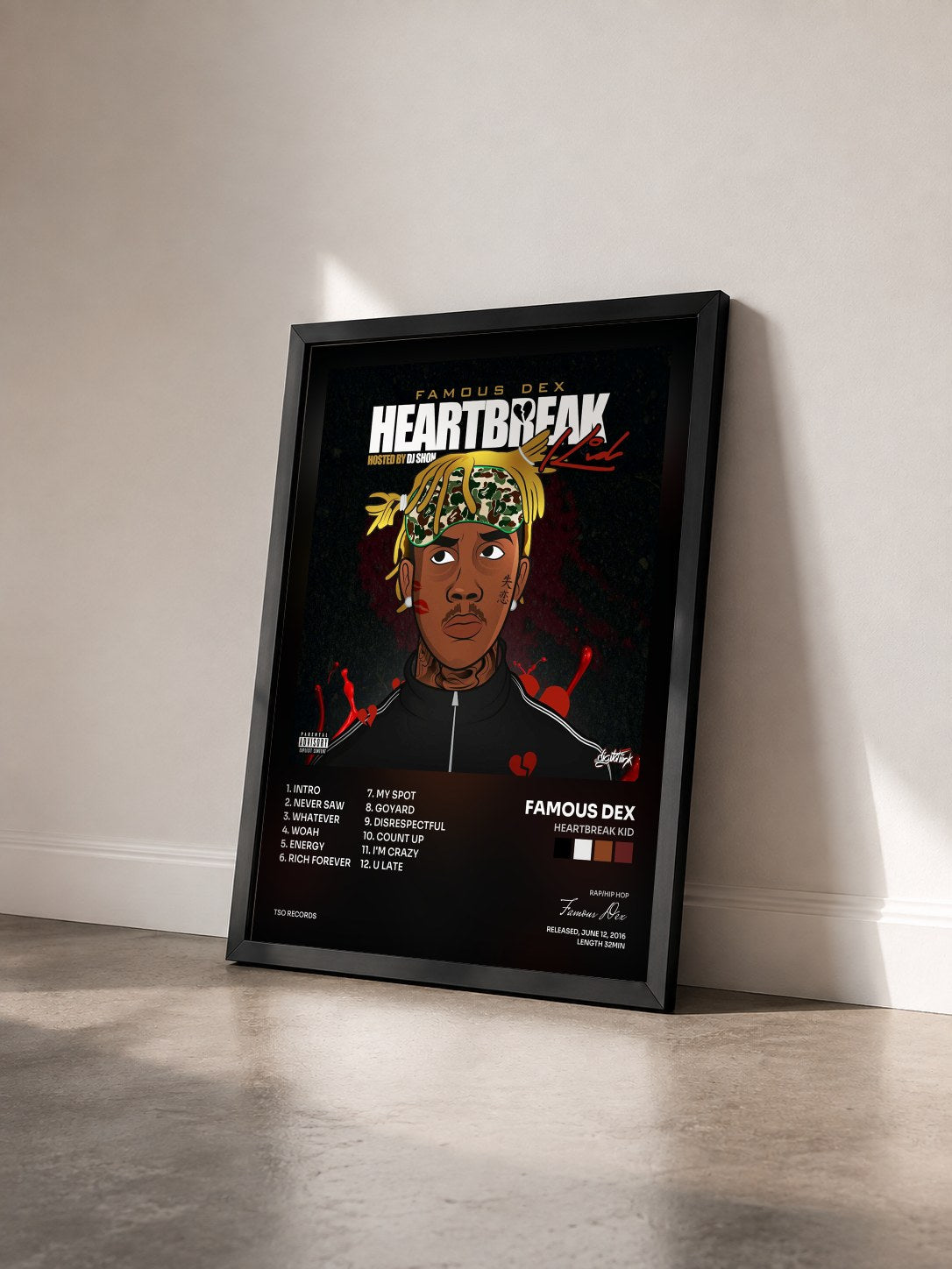 #noir Tableau de l'album Heartbreak Kid de Famous Dex vu de trois quarts, cadre noir