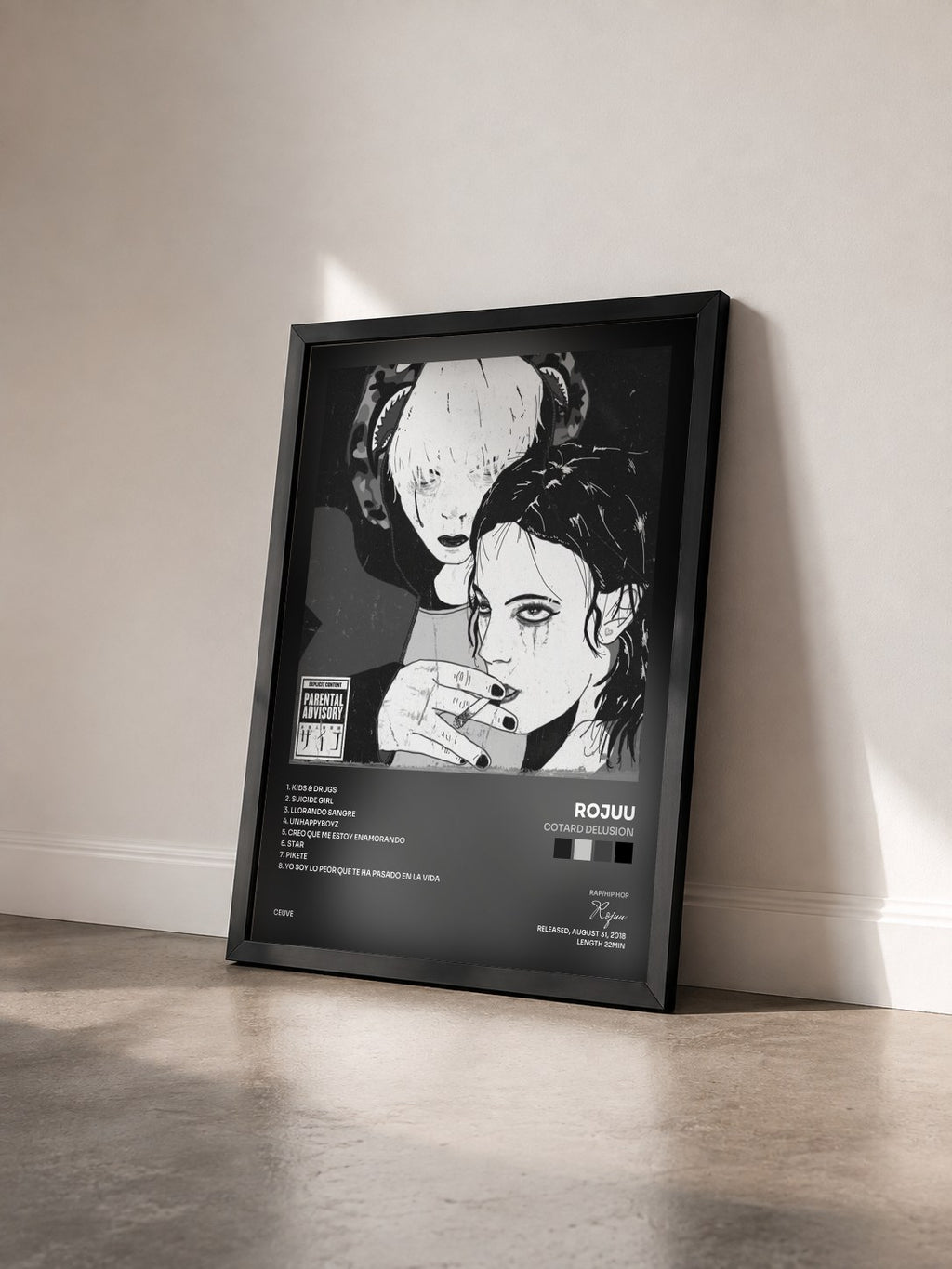 #noir Tableau de l'album Cotard Delusion de Rojuu vu de trois quarts, cadre noir