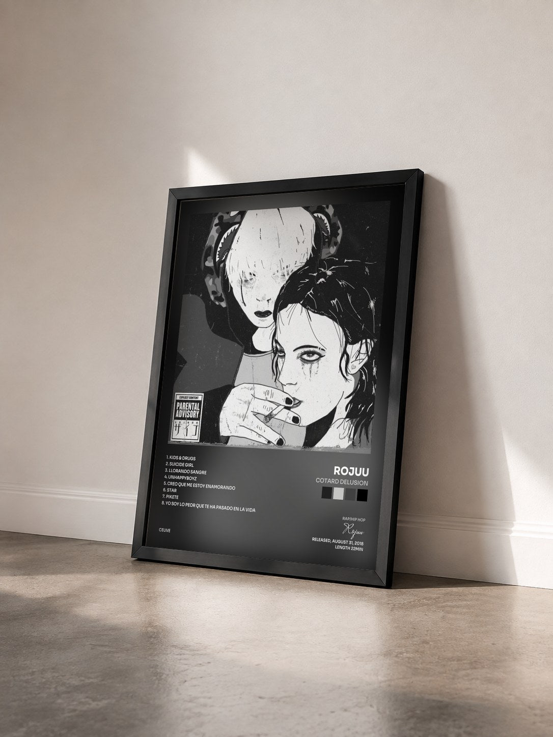 #noir Tableau de l'album Cotard Delusion de Rojuu vu de trois quarts, cadre noir