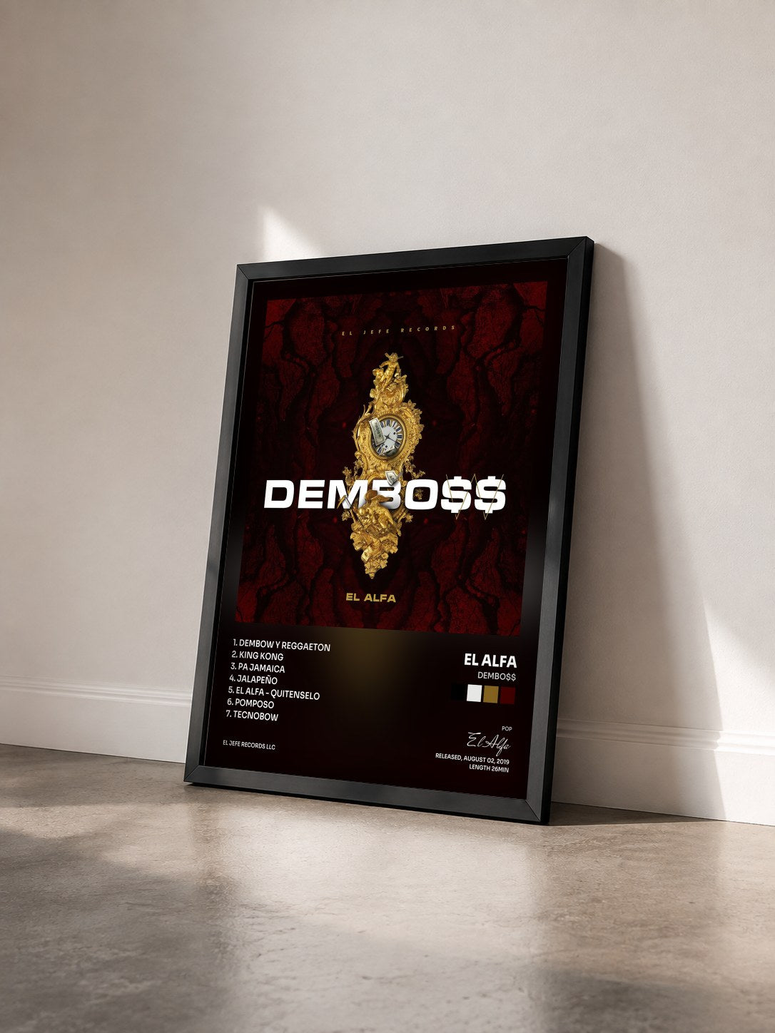 #noir Tableau de l'album DEMBO$$ de El Alfa vu de trois quarts, cadre noir
