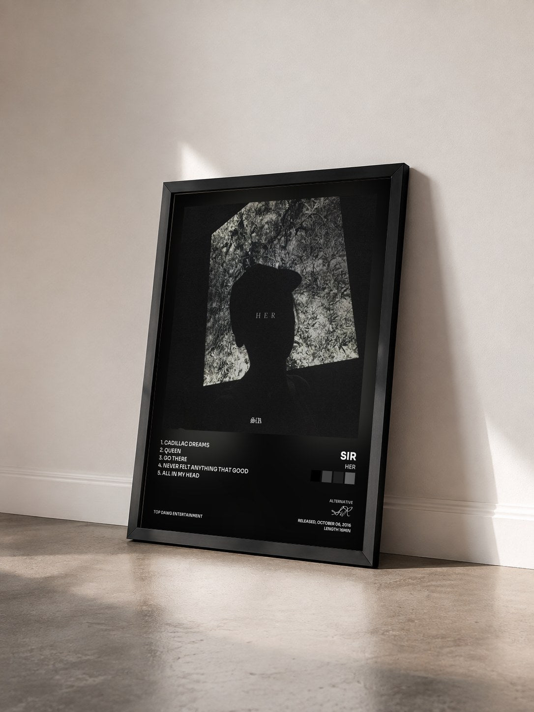 #noir Tableau de l'album HER de SiR vu de trois quarts, cadre noir