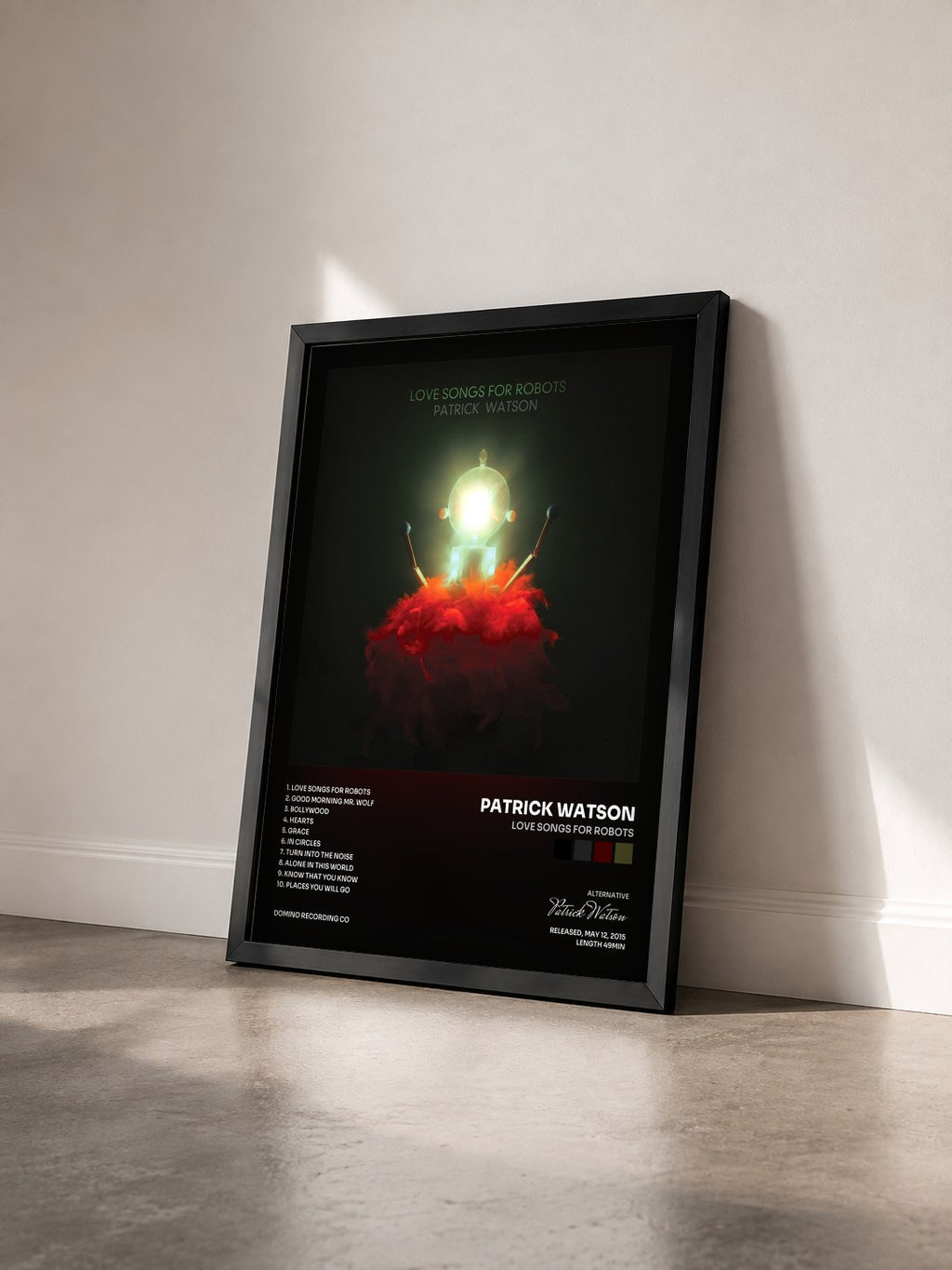 #noir Tableau de l'album Love Songs For Robots de Patrick Watson vu de trois quarts, cadre noir
