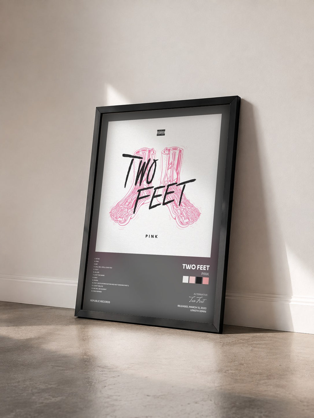 #noir Tableau de l'album Pink de Two Feet vu de trois quarts, cadre noir