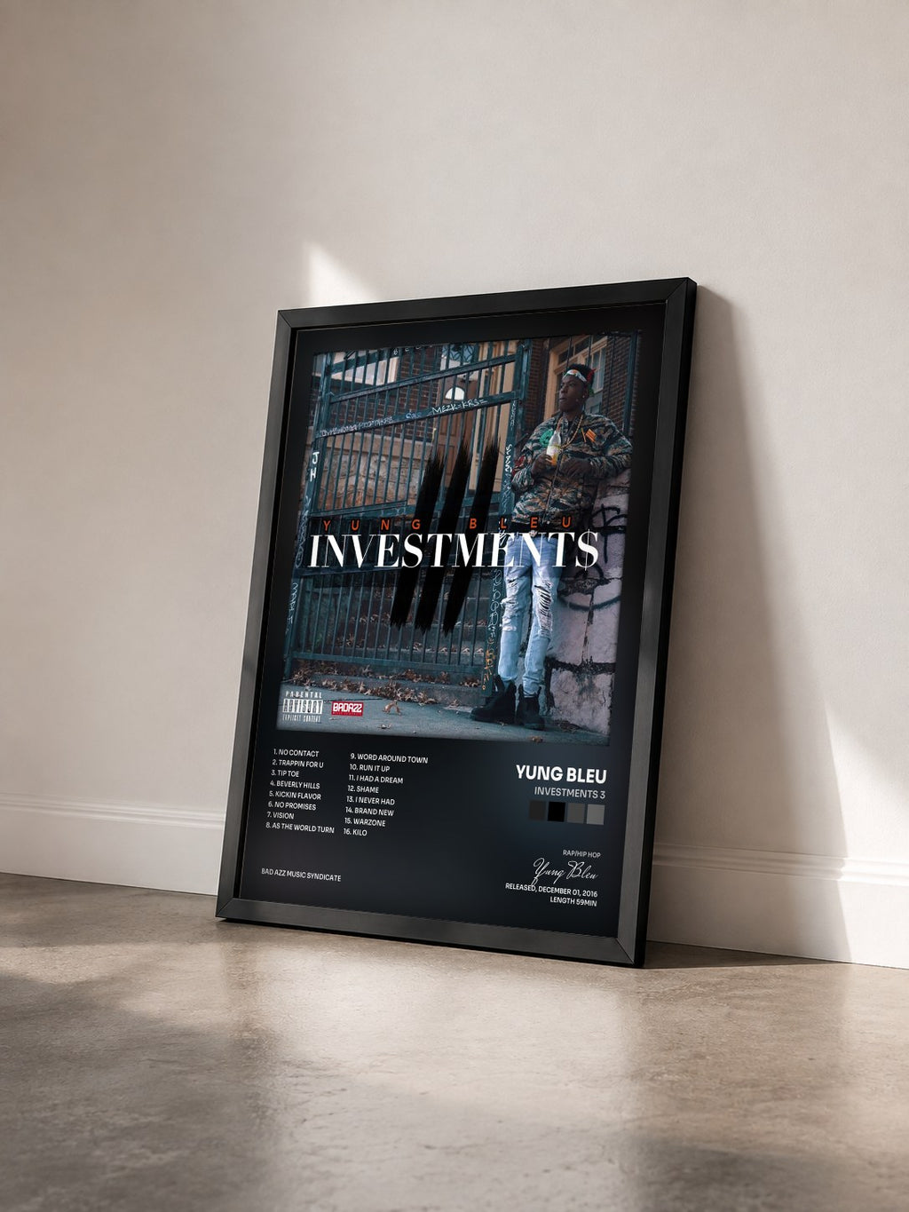#noir Tableau de l'album Investments 3 de Yung Bleu vu de trois quarts, cadre noir