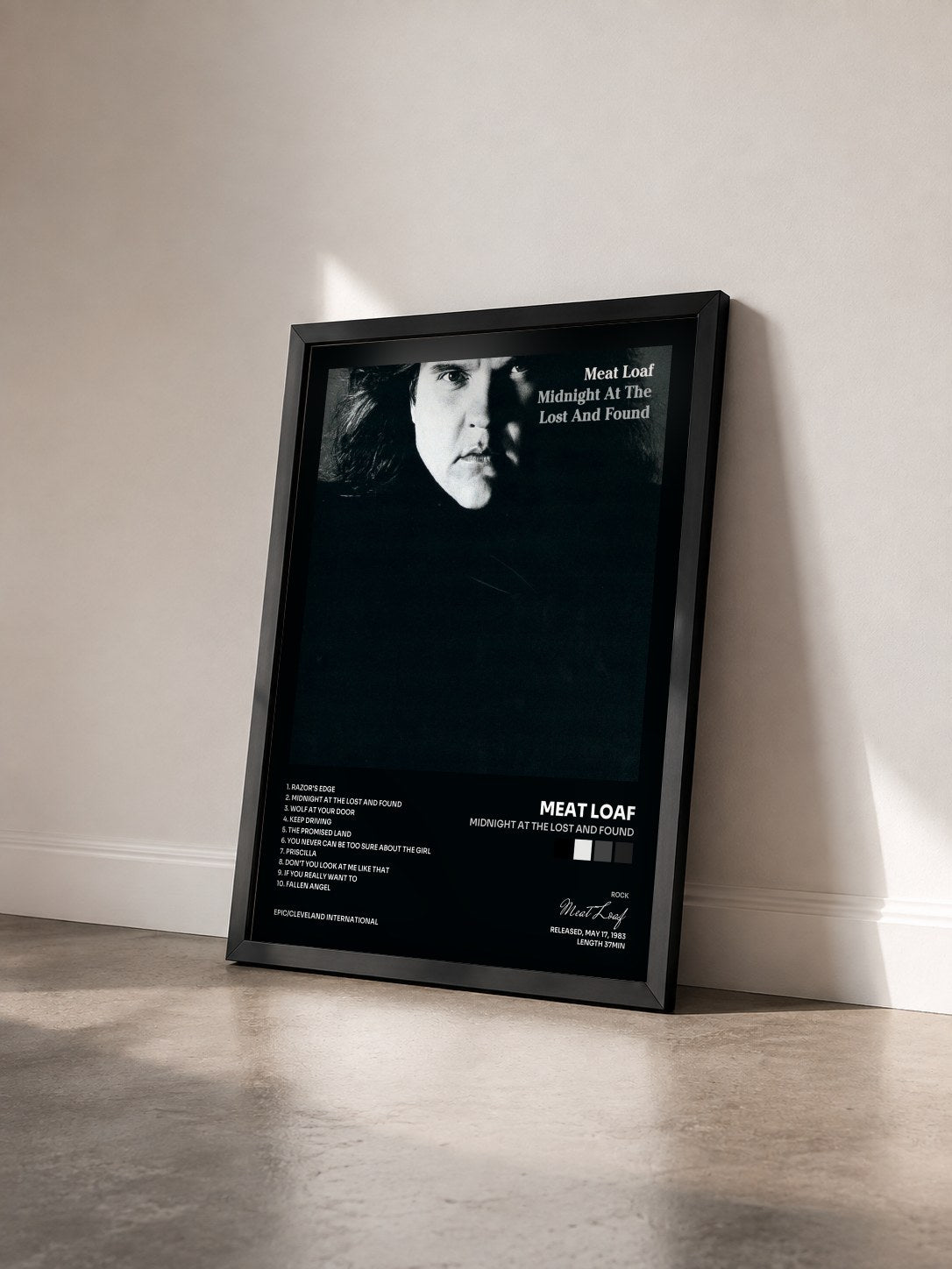 #noir Tableau de l'album Midnight At The Lost And Found de Meat Loaf vu de trois quarts, cadre noir