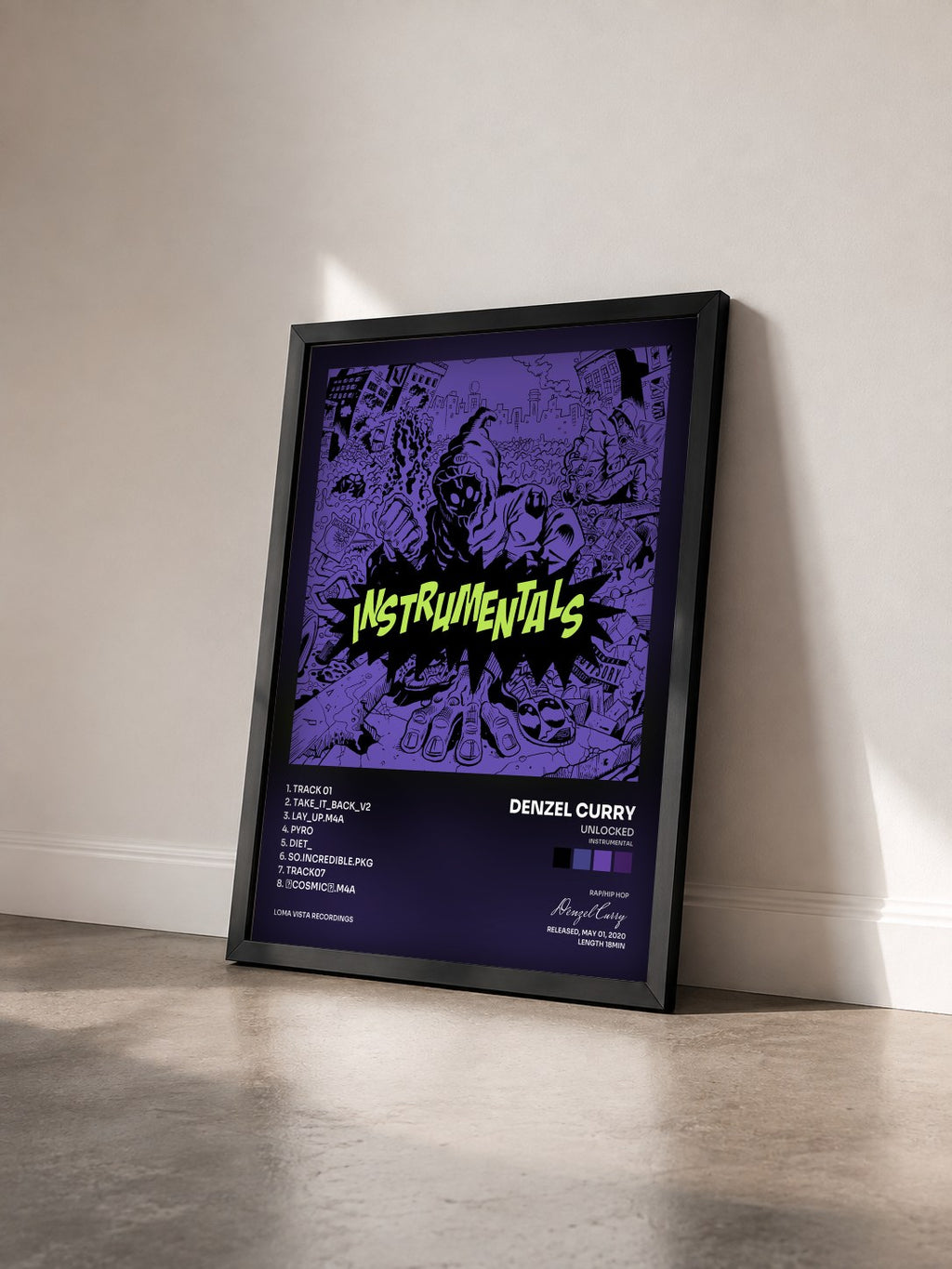 #noir Tableau de l'album UNLOCKED (Instrumental) de Denzel Curry vu de trois quarts, cadre noir