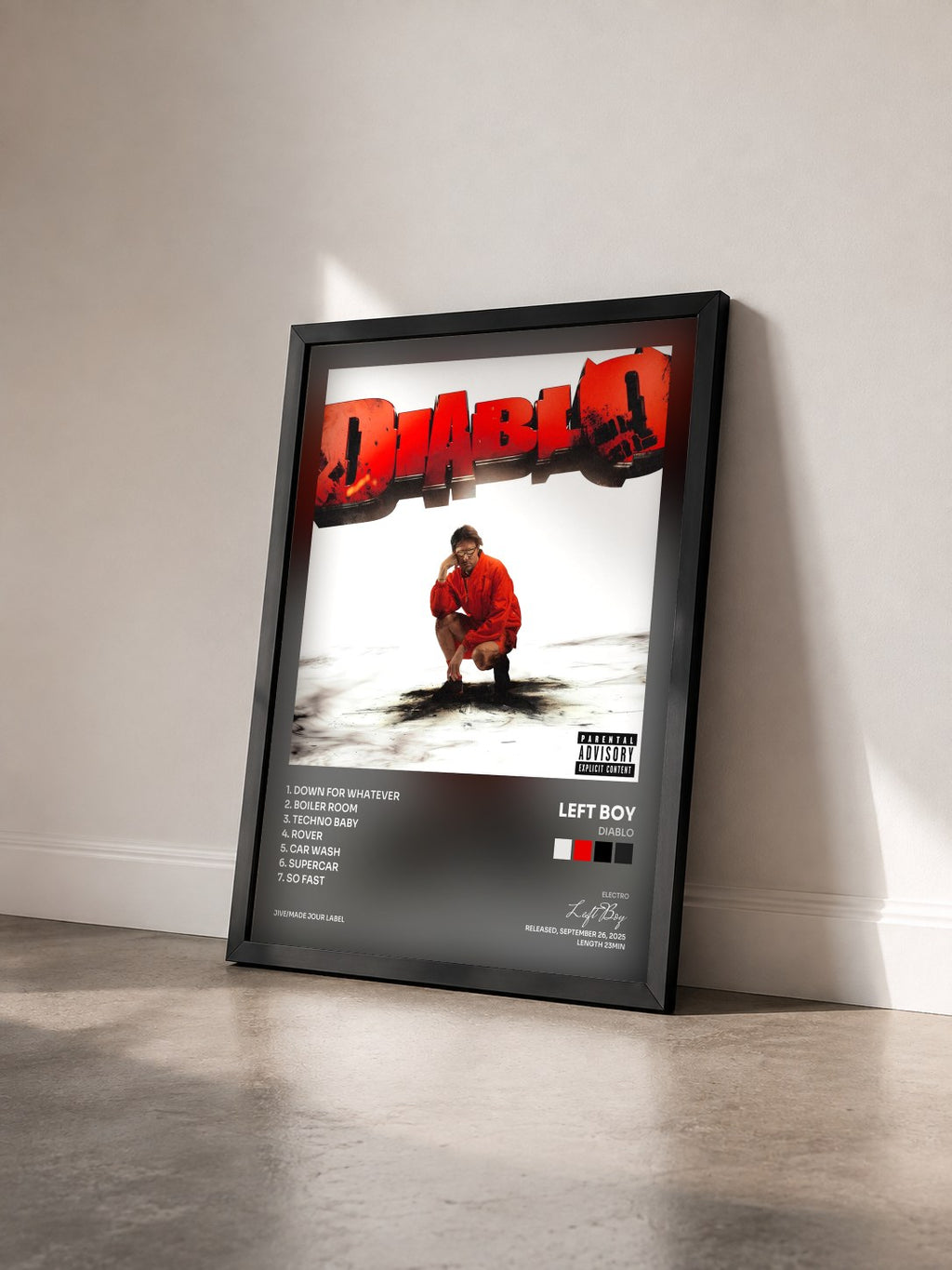 #noir Tableau de l'album DIABLO de Left Boy vu de trois quarts, cadre noir