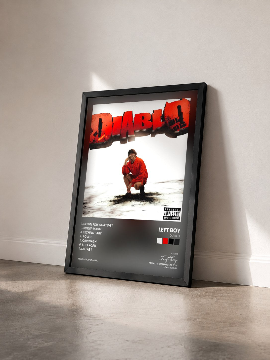 #noir Tableau de l'album DIABLO de Left Boy vu de trois quarts, cadre noir