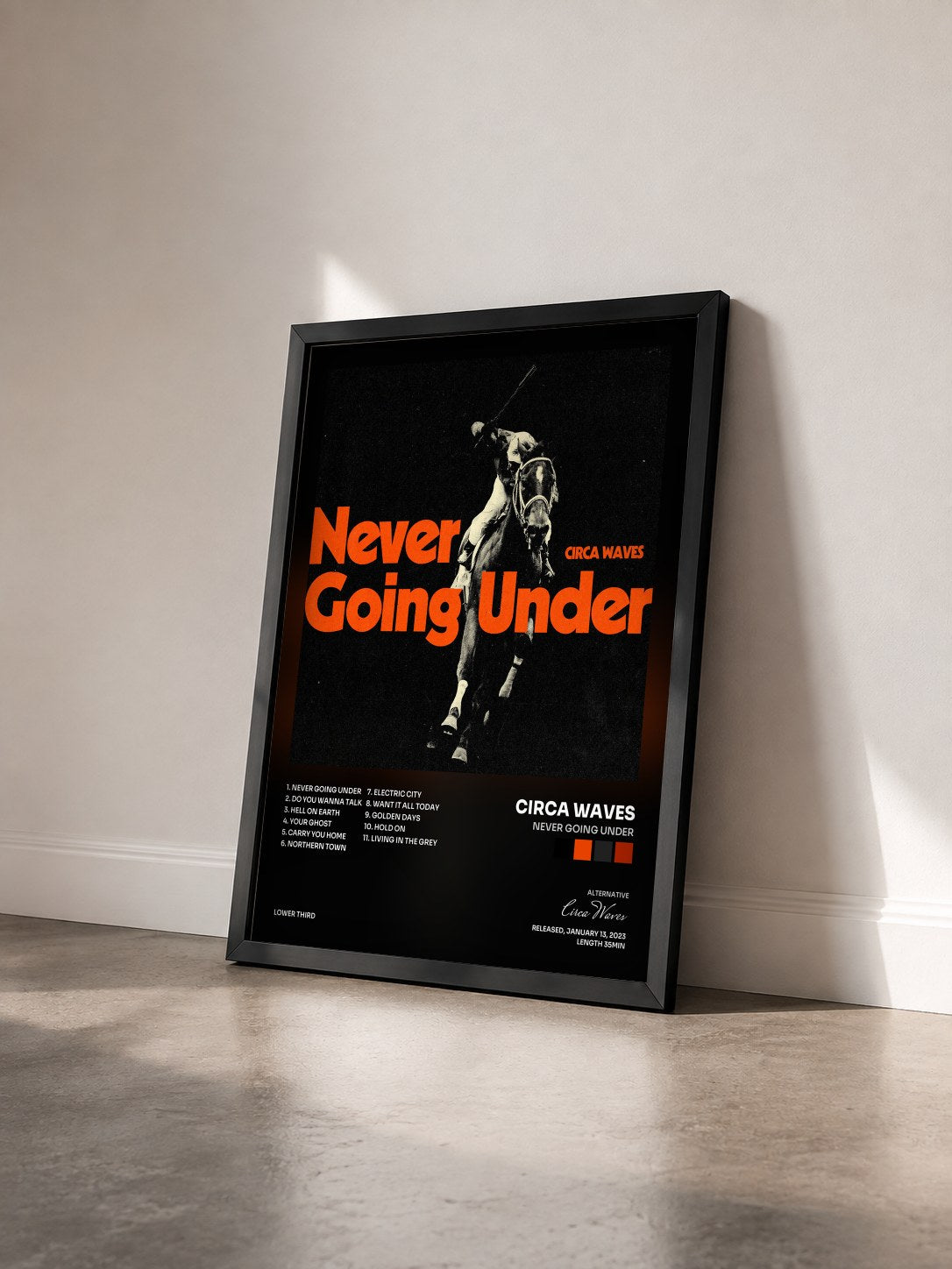 #noir Tableau de l'album Never Going Under de Circa Waves vu de trois quarts, cadre noir