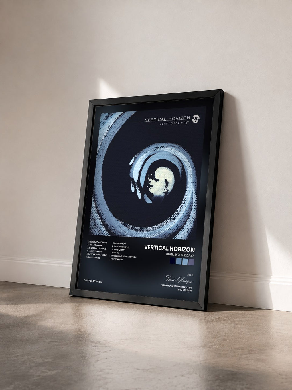 #noir Tableau de l'album Burning the Days de Vertical Horizon vu de trois quarts, cadre noir