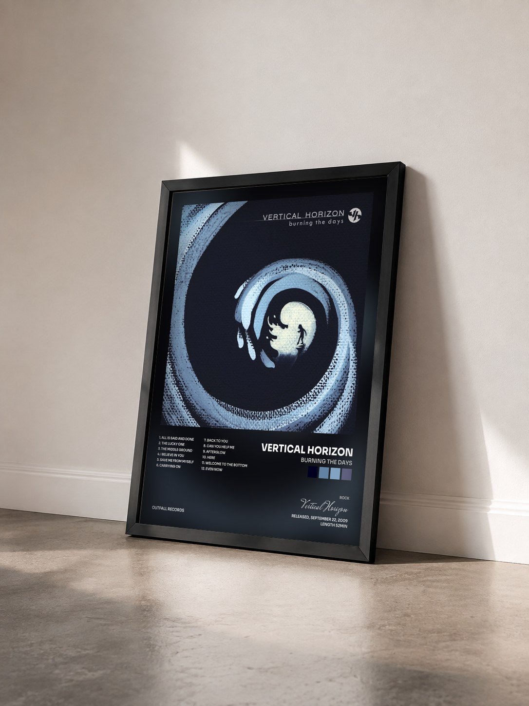 #noir Tableau de l'album Burning the Days de Vertical Horizon vu de trois quarts, cadre noir