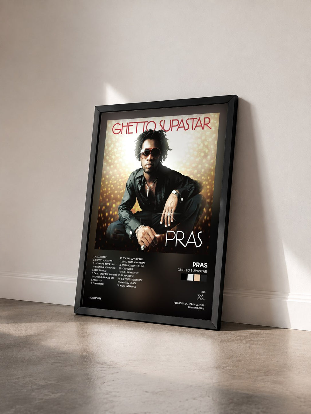#noir Tableau de l'album Ghetto Supastar de Pras vu de trois quarts, cadre noir