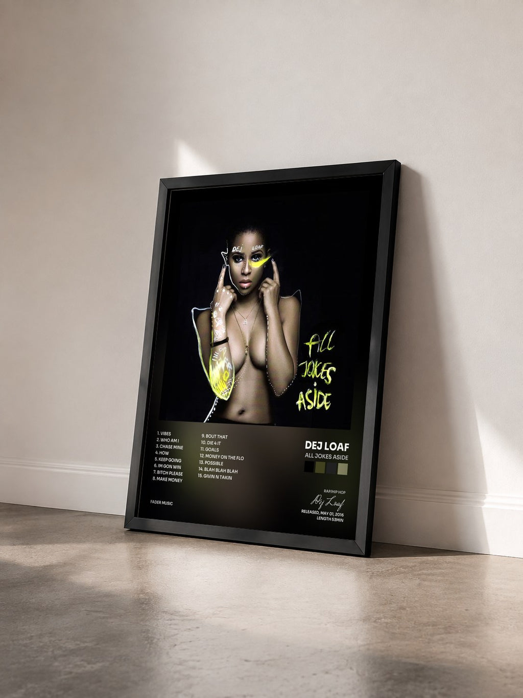 #noir Tableau de l'album All Jokes Aside de Dej Loaf vu de trois quarts, cadre noir