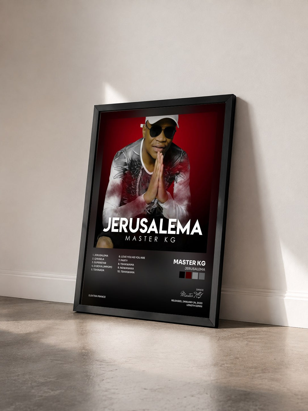 #noir Tableau de l'album Jerusalema de Master KG vu de trois quarts, cadre noir