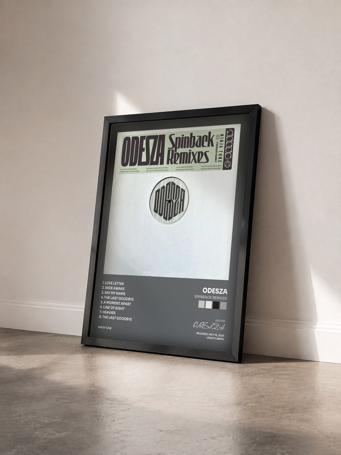 #noir Tableau de l'album Spinback Remixes de ODESZA vu de trois quarts, cadre noir