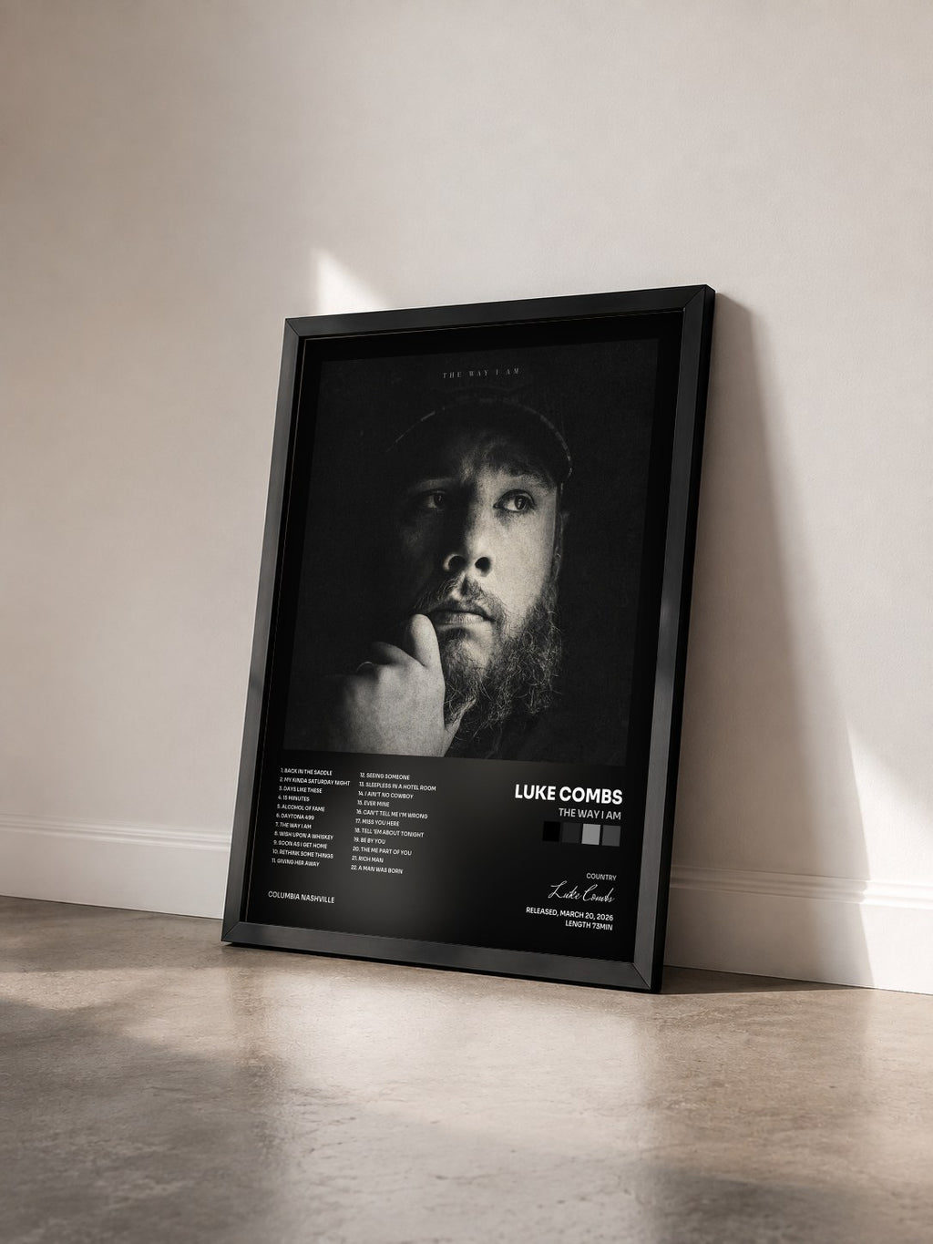 #noir Tableau de l'album The Way I Am de Luke Combs vu de trois quarts, cadre noir