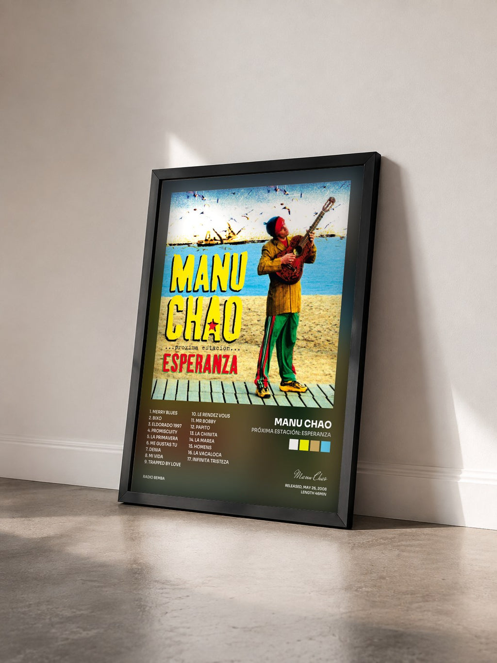 #noir Tableau de l'album Próxima Estación: Esperanza de Manu Chao vu de trois quarts, cadre noir