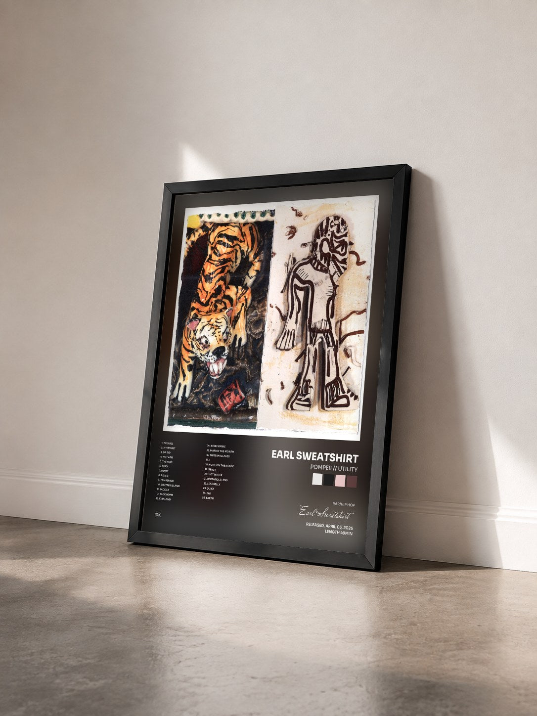 #noir Tableau de l'album POMPEII // UTILITY de Earl Sweatshirt vu de trois quarts, cadre noir