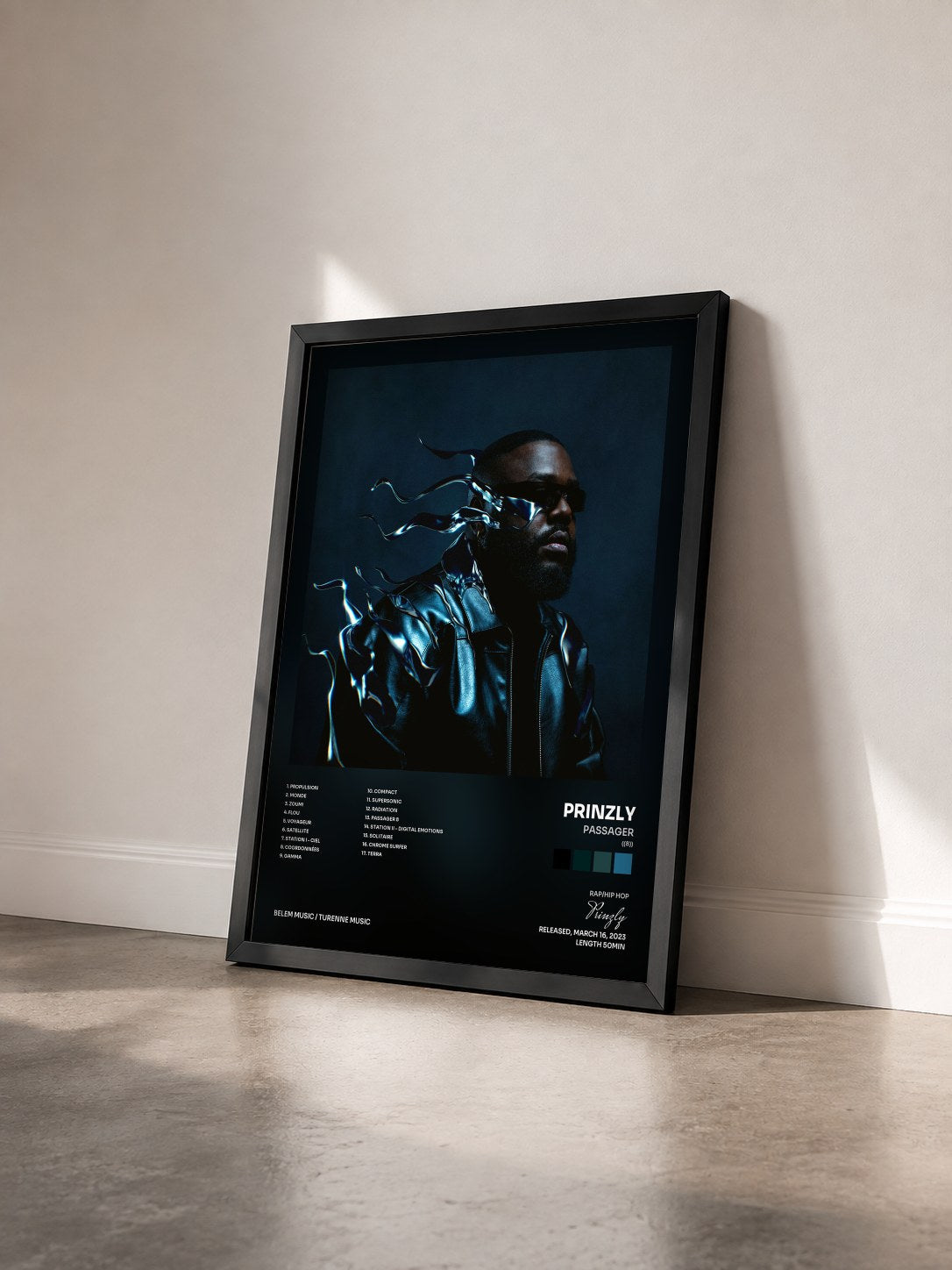 #noir Tableau de l'album PASSAGER (((8))) de Prinzly vu de trois quarts, cadre noir