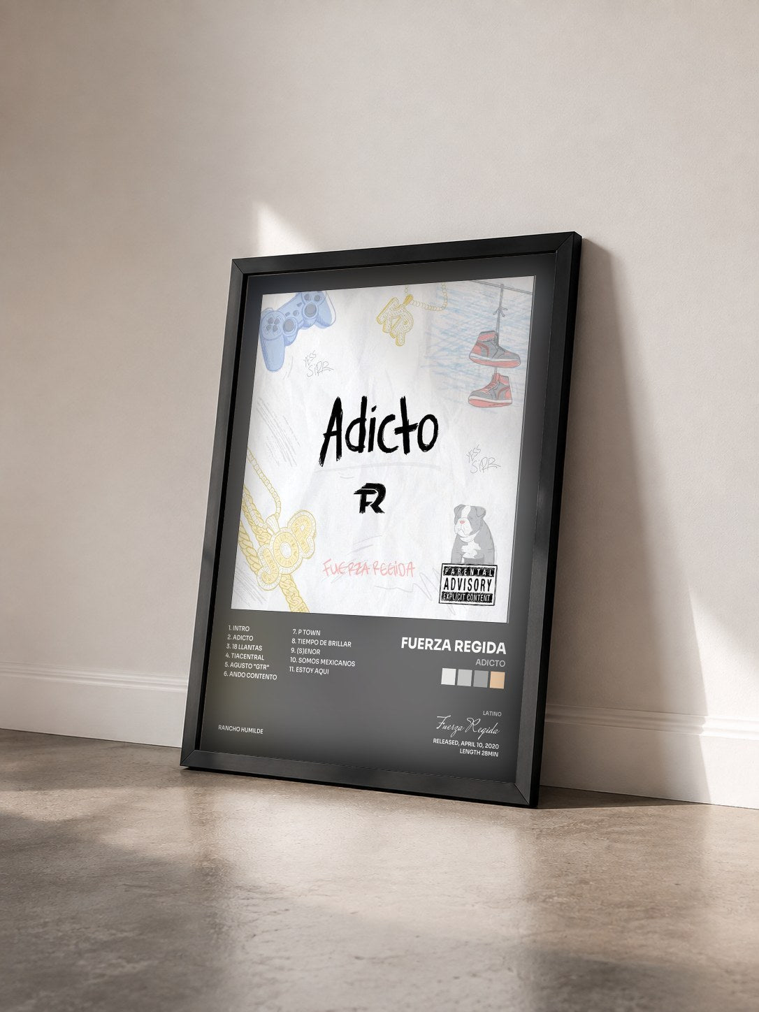 #noir Tableau de l'album Adicto de Fuerza Regida vu de trois quarts, cadre noir