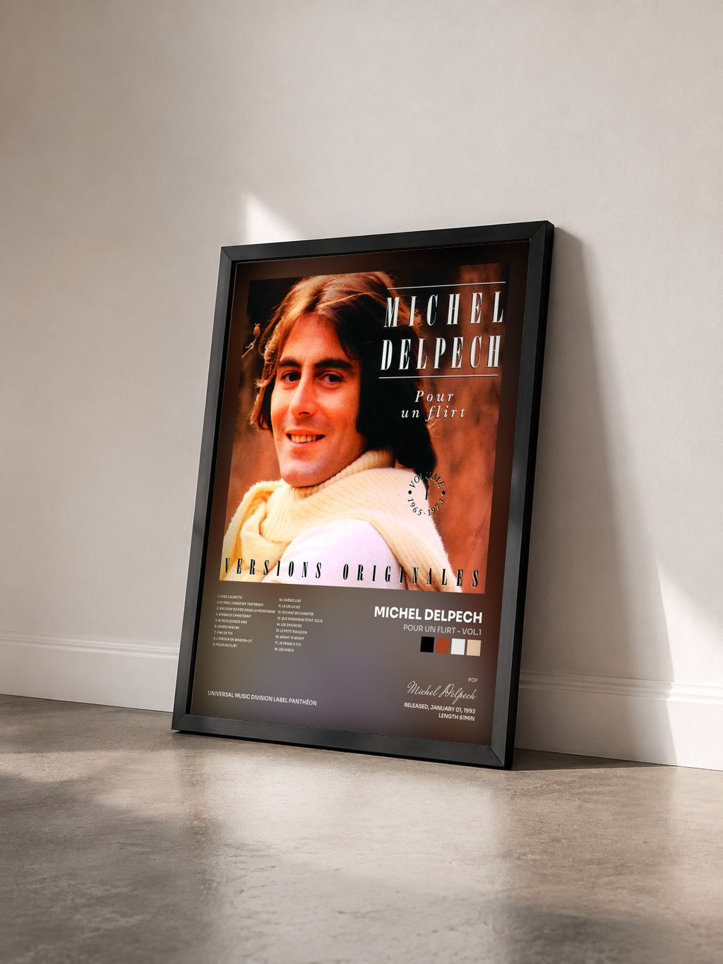#noir Tableau de l'album Pour Un Flirt - Vol.1 de Michel Delpech vu de trois quarts, cadre noir