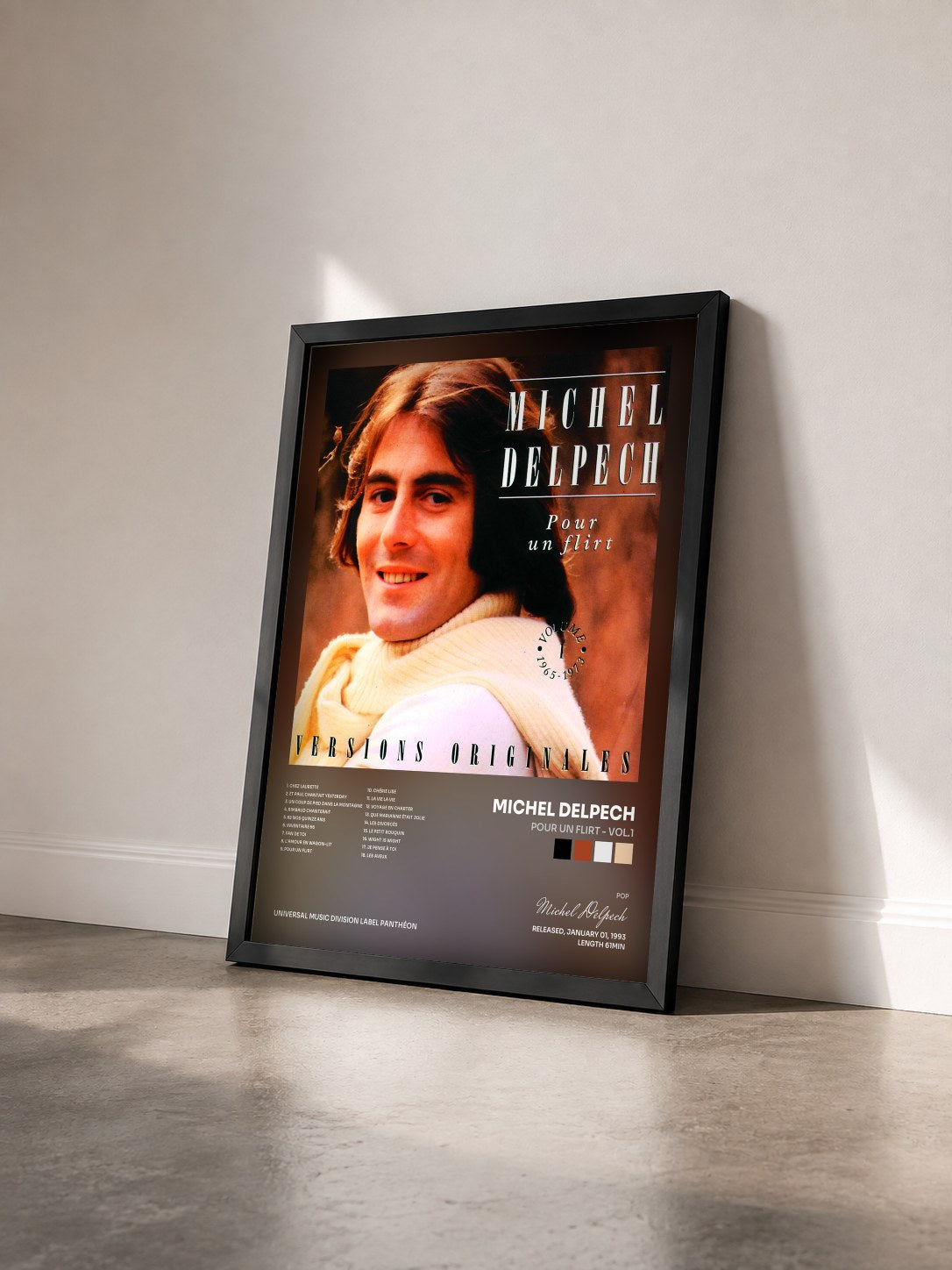 #noir Tableau de l'album Pour Un Flirt - Vol.1 de Michel Delpech vu de trois quarts, cadre noir